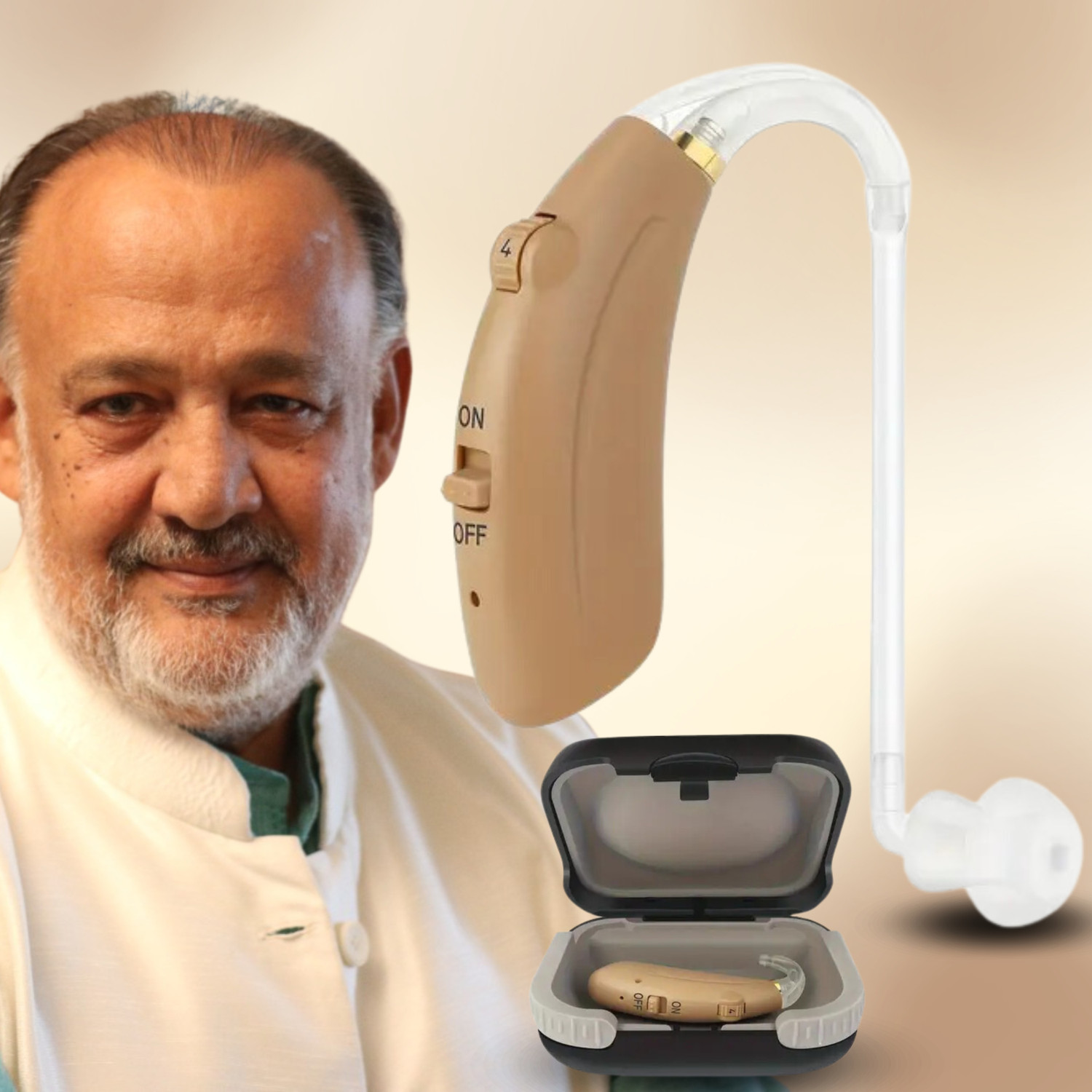 Image of Aika Made in Germany Behind The Ear Digital Hearing Aid Machine Sound Amplifier for Old Age Comes With Battery, Dry Kit and Automatic Sound Cancellation BTE Hearing Aid
