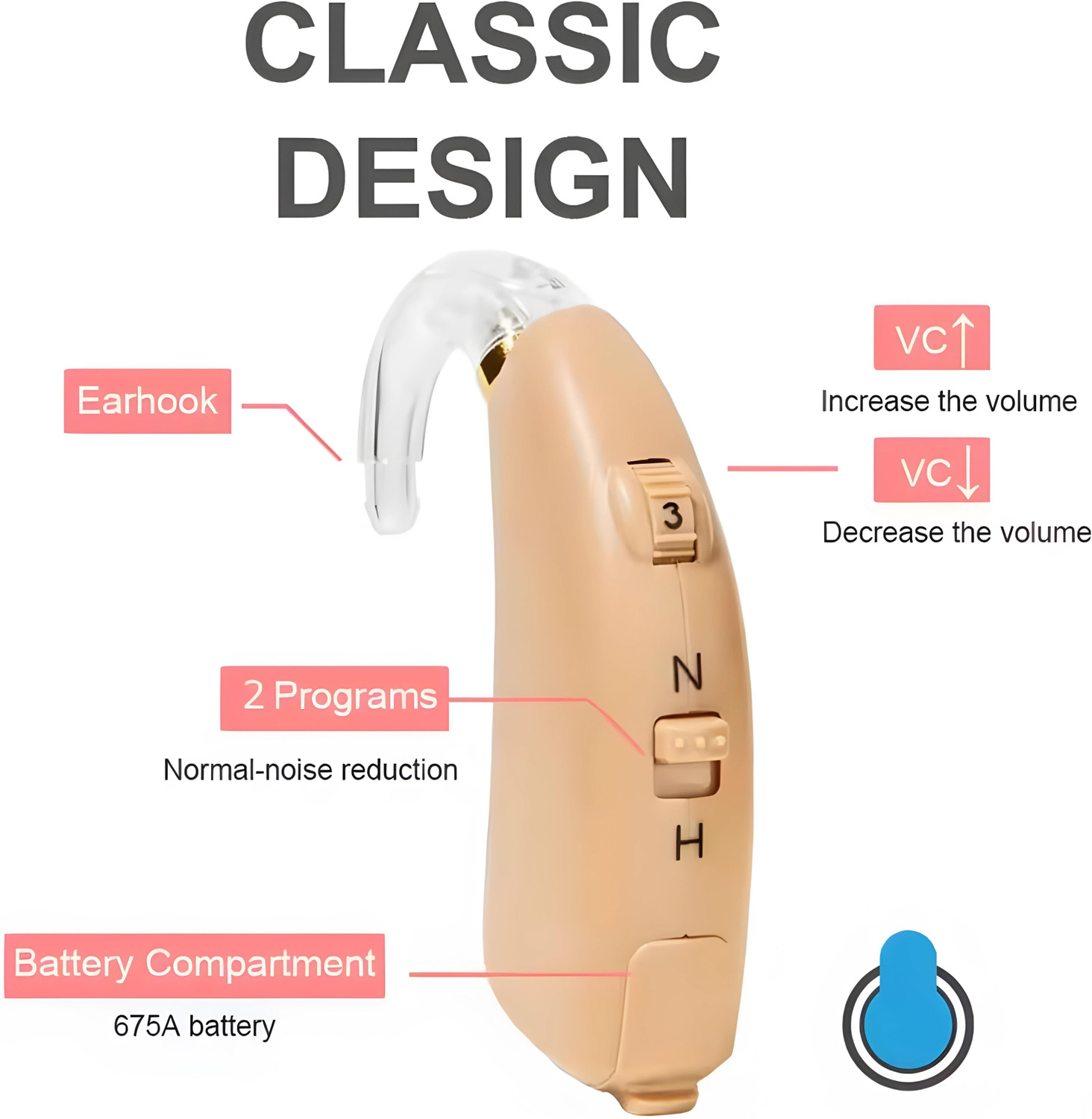 Image of Aika Made in Germany Behind The Ear Digital Hearing Aid Machine Sound Amplifier for Old Age Comes With Battery, Dry Kit and Automatic Sound Cancellation BTE Hearing Aid