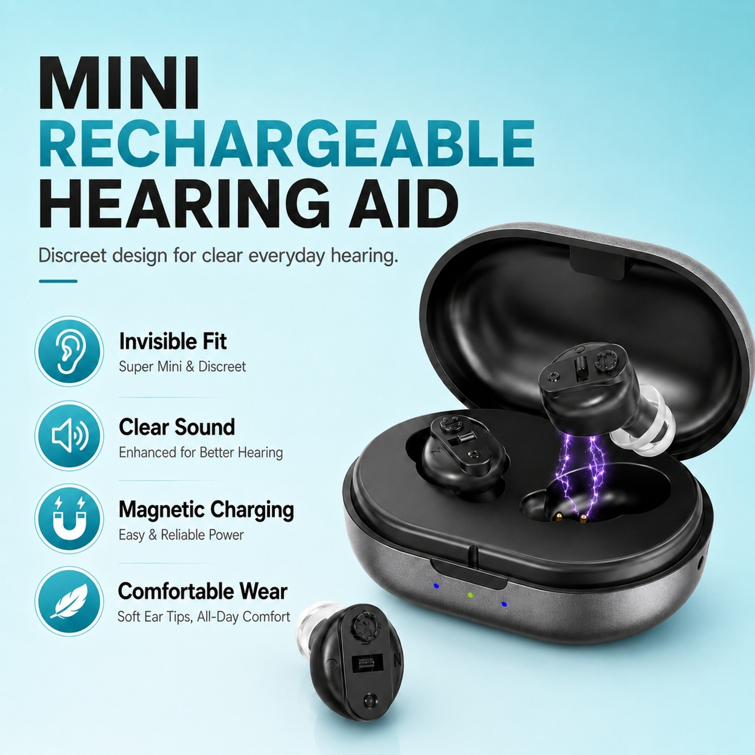 Image of Fastwell F14 Rechargeable hearing aids machine Invisible Hearing Aid In the Ear(Pair For Both Ear) ITE Hearing Aid (Black With Black Case)