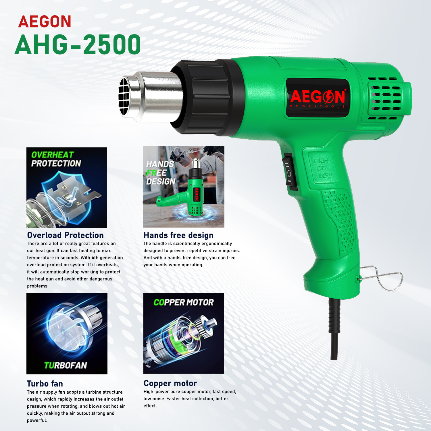 Image of AEGON AHG2500 Dual Temp Heat Gun | Dual Speed Control, Fast Heating, Overload Safety 2000 W Heat Gun