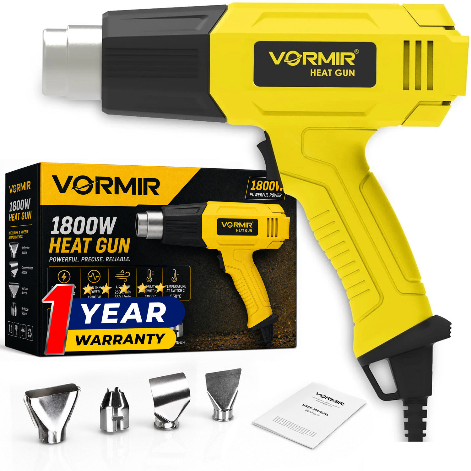 Image of iBELL VORMIR VR HG18-40 Heat Gun with 4 Nozzles,1800W,Dual Air Flow 250L /Min&550L /Min, 1800 W Heat Gun