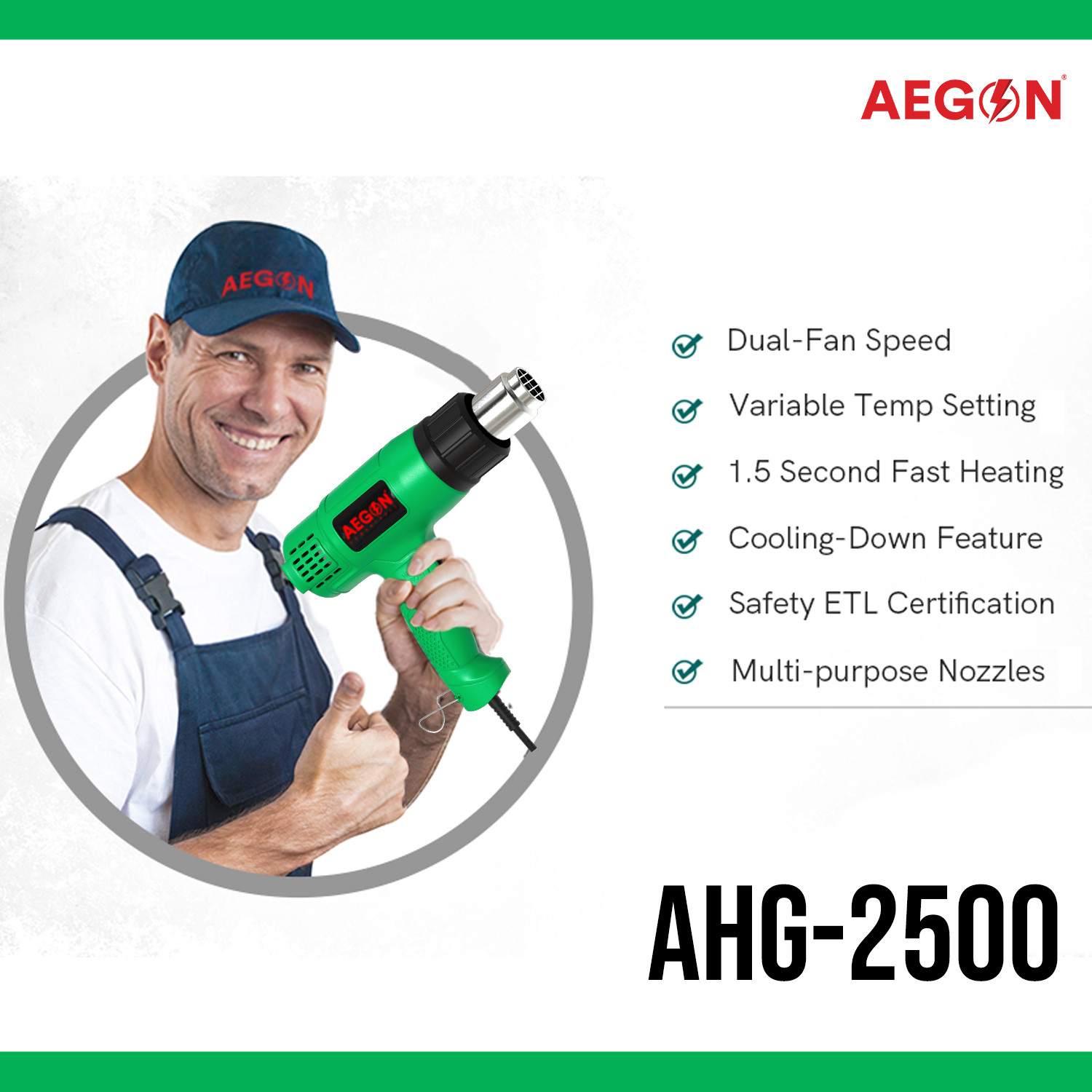 Image of AEGON AHG2500 Dual Temp Heat Gun | Dual Speed Control, Fast Heating, Overload Safety 2000 W Heat Gun