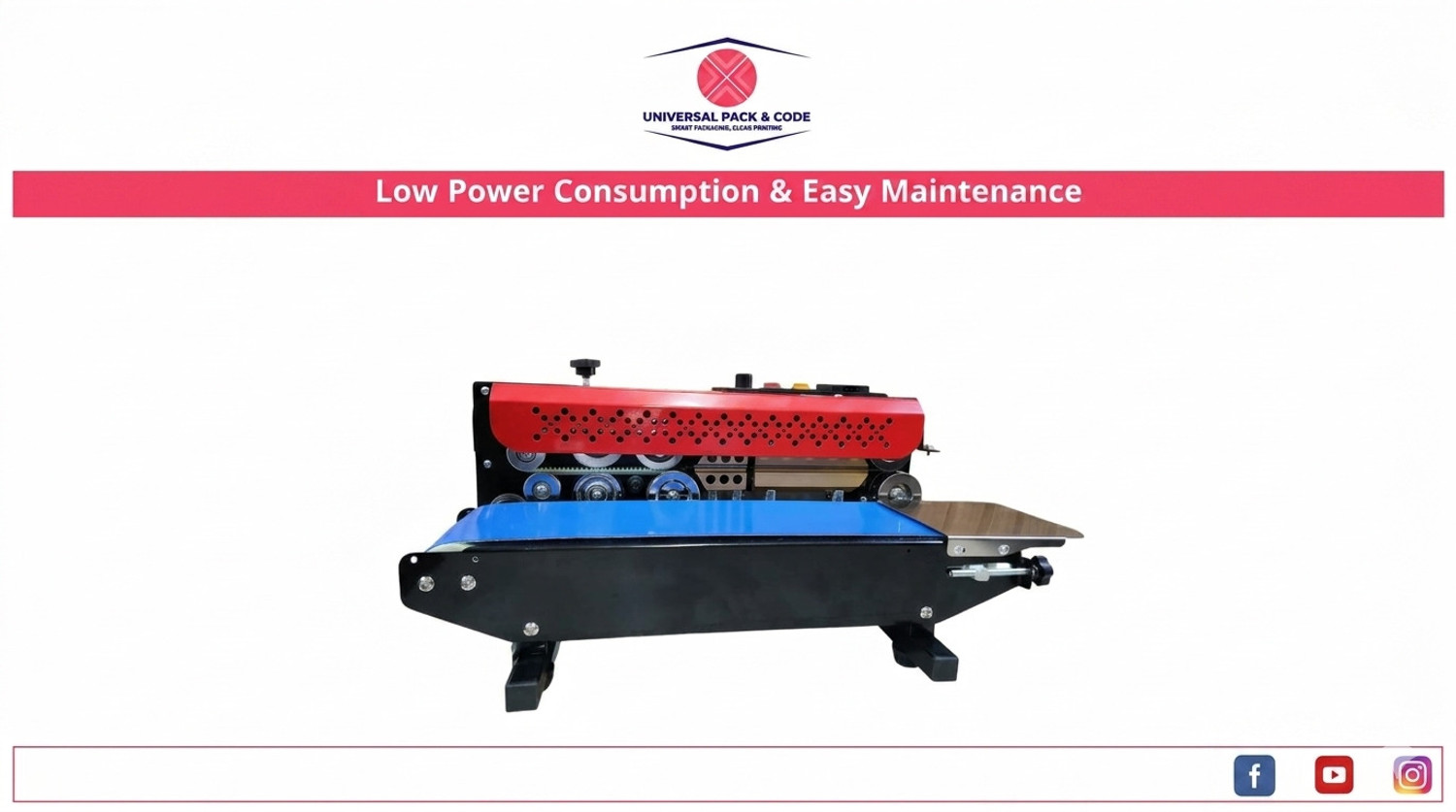 Image of Universal Pack & Code FR-900M Mini Continuous Band Sealer Machine with Conveyor Table Top Heat Sealer
