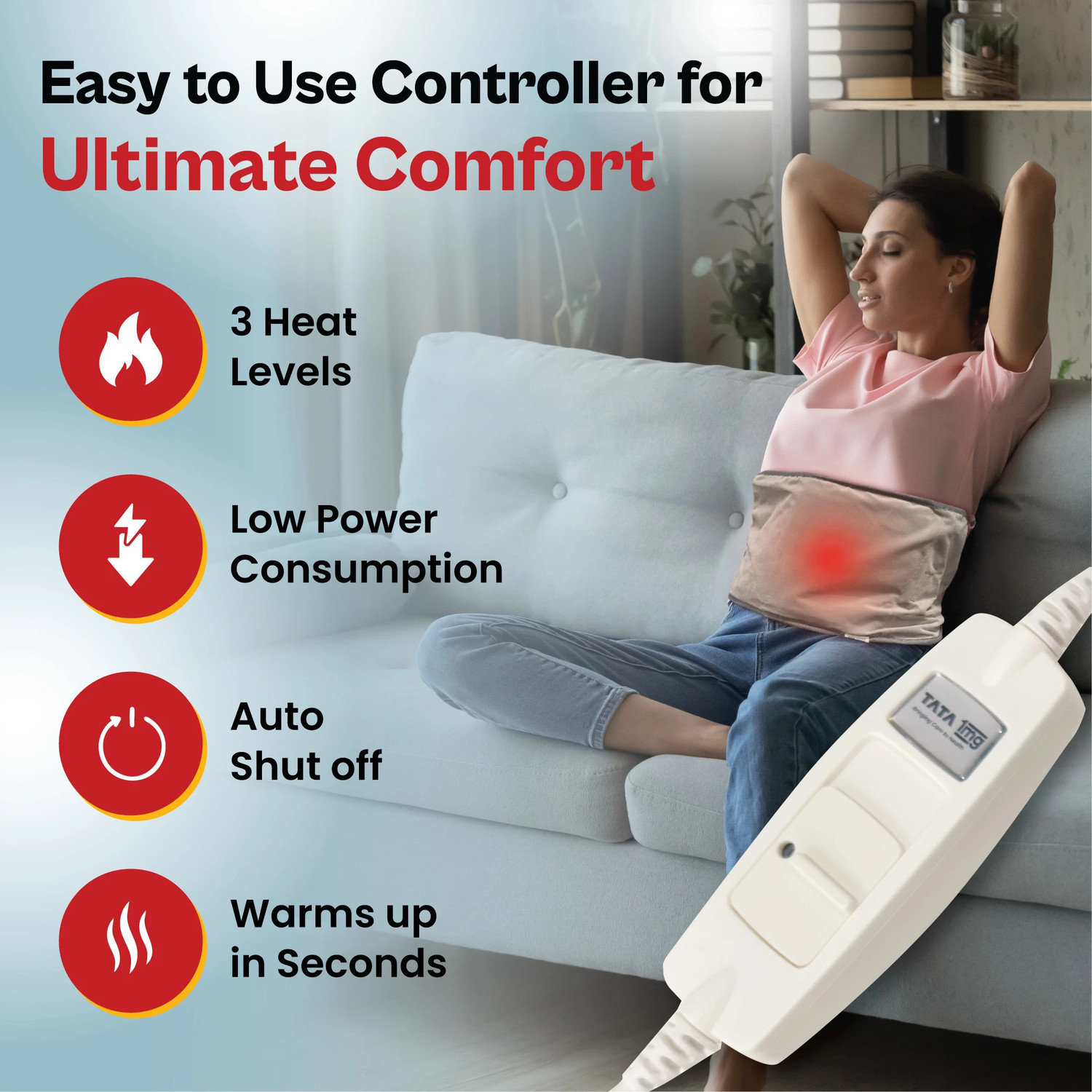 Image of TATA 1mg Electric Heating Belt for Pain Relief & Period Cramps | 2 Thermostat | Regular Heating Pad