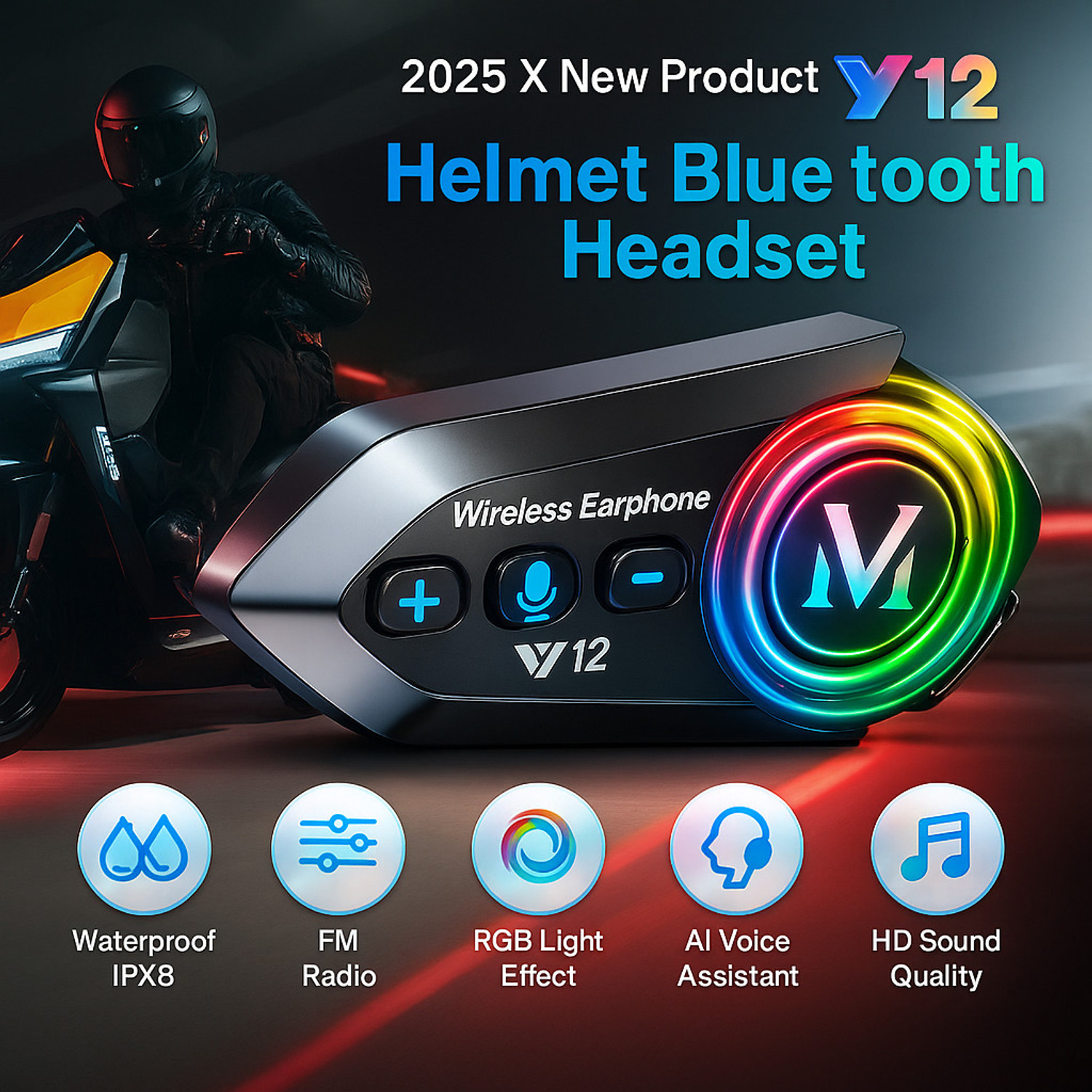 Image of Fire Turtle Y12 Bluetooth Helmet Headset with Dual Phone, Music, GPS & IP67 Waterproof Bluetooth Helmet bluetooth device with Voice Assist, ANC, Earphone, Hands Free Calling, GPS Navigation, Microphone