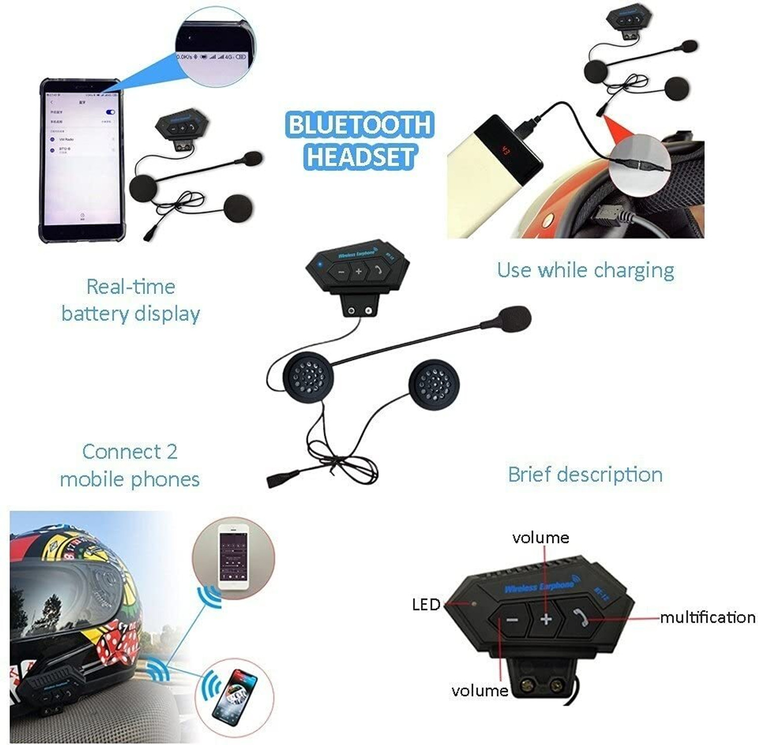 Image of Voltegic Bluetooth Helmet Intercom Headset with Hands-Free Calling & Music Playback Smart Headphones (Wireless)