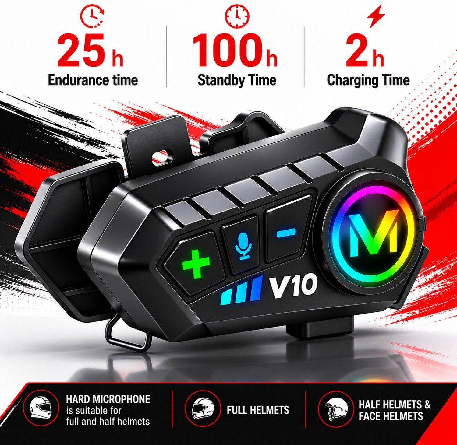 Image of Primate V10 Bluetooth Helmet Headset with Dual Pairing, GPS, Music & IP67 Waterproof Helmet bluetooth device with Voice Assist, ANC, Earphone, Hands Free Calling, GPS Navigation, Microphone
