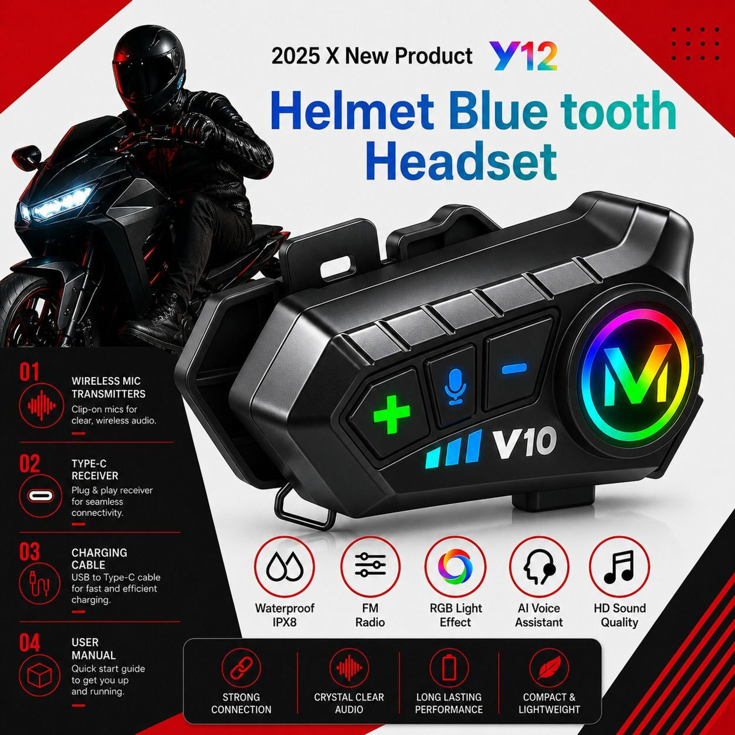Image of Primate V10 Bluetooth Helmet Headset with Dual Pairing, GPS, Music & IP67 Waterproof Helmet bluetooth device with Voice Assist, ANC, Earphone, Hands Free Calling, GPS Navigation, Microphone