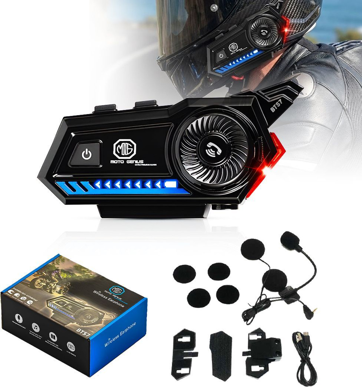 Image of Moto Genius BT57 Bluetooth Helmet Headset - Auto Answer, Siri Support, Waterproof, Stereo Helmet bluetooth device with Earphone, Hands Free Calling