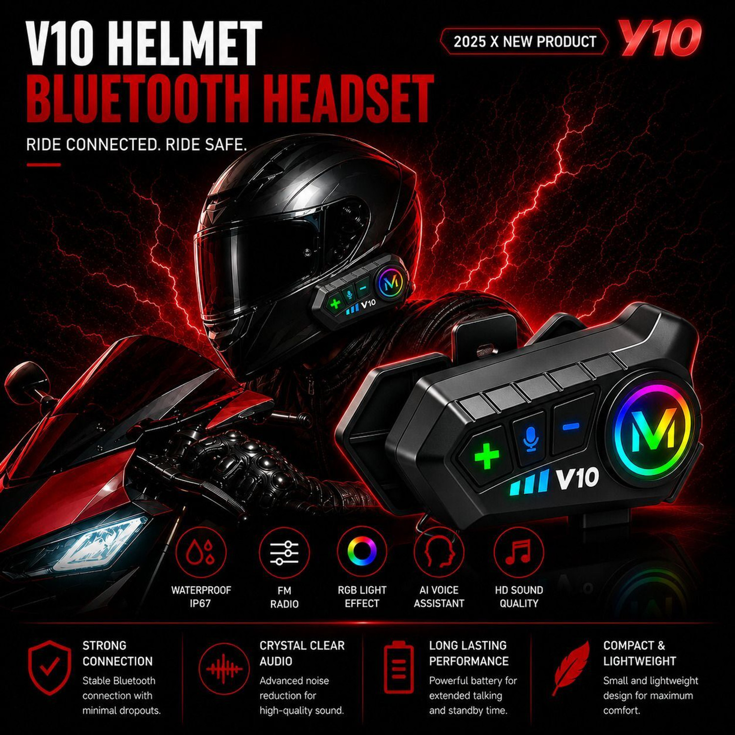Image of Primate V10 Bluetooth Helmet Headset with Dual Pairing, GPS, Music & IP67 Waterproof Helmet bluetooth device with Voice Assist, ANC, Earphone, Hands Free Calling, GPS Navigation, Microphone