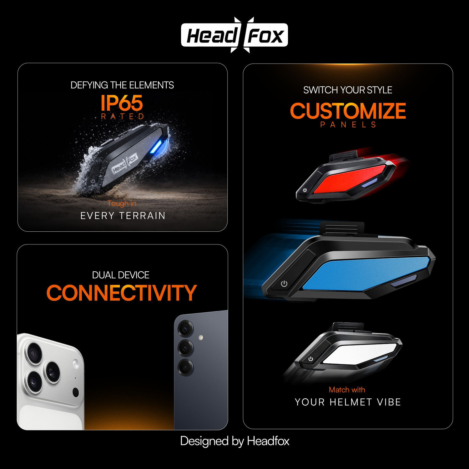 Image of HEADFOX Helmet Bluetooth Headset | Siri Support | Long Battery | IPX6 Waterproof Helmet bluetooth device with Integrated Speakers, Hands Free Calling, Voice Assist, ANC