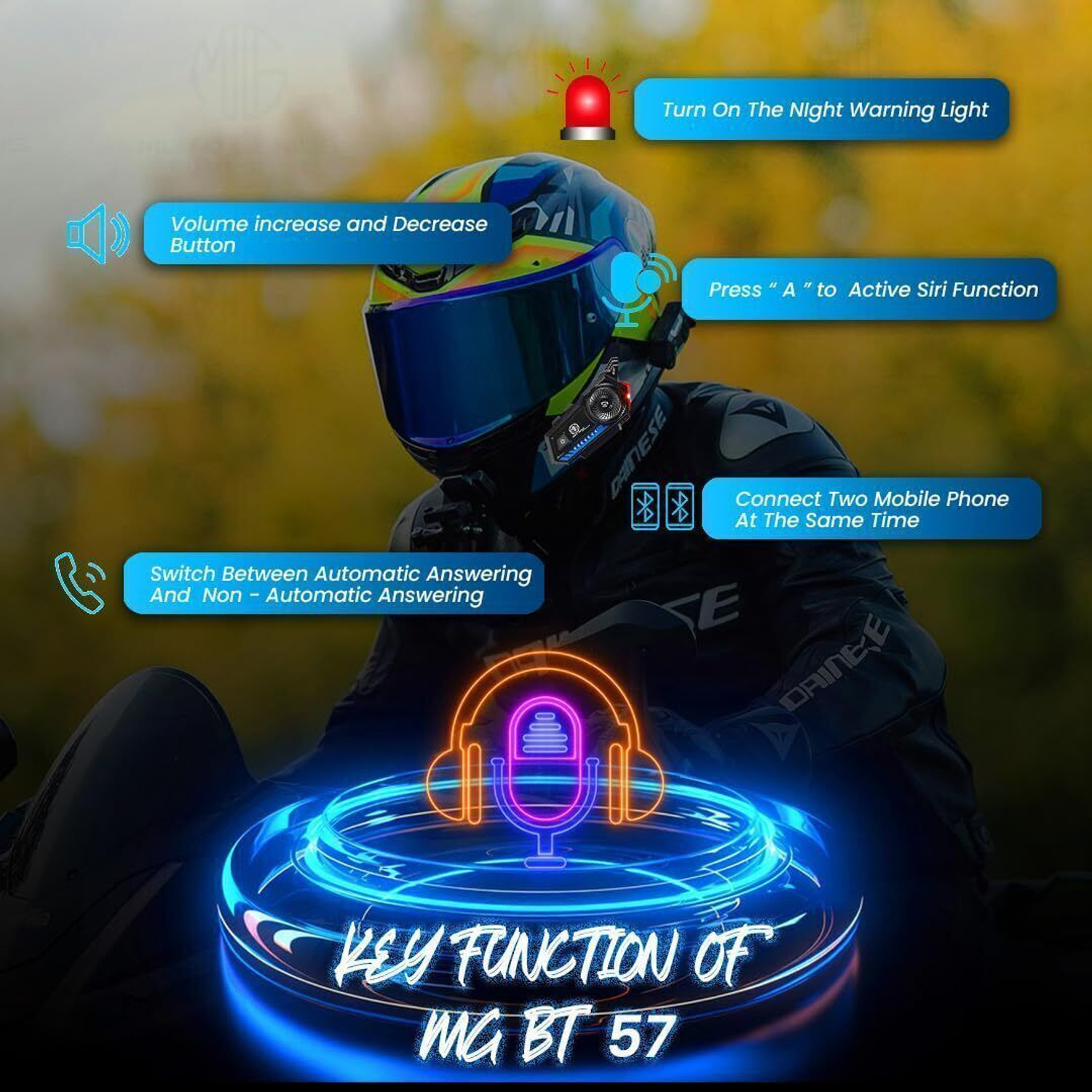 Image of Moto Genius BT57 Bluetooth Helmet Headset - Auto Answer, Siri Support, Waterproof, Stereo Helmet bluetooth device with Earphone, Hands Free Calling