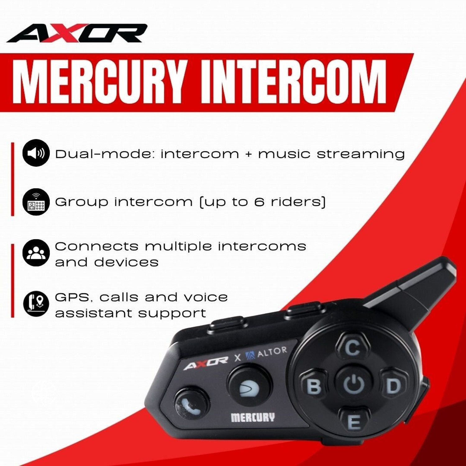 Image of Axor AXR-M-INTRCOM-K Helmet bluetooth device with Hands Free Calling, Integrated Speakers, Microphone, GPS Navigation, Voice Assist