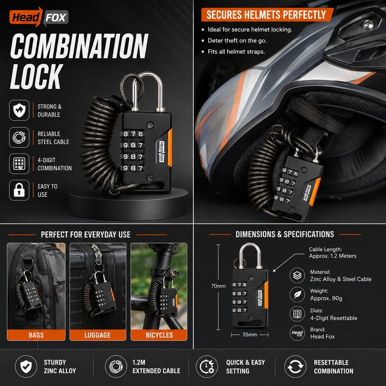 Image of HEADFOX Steel Combination Lock For Helmet