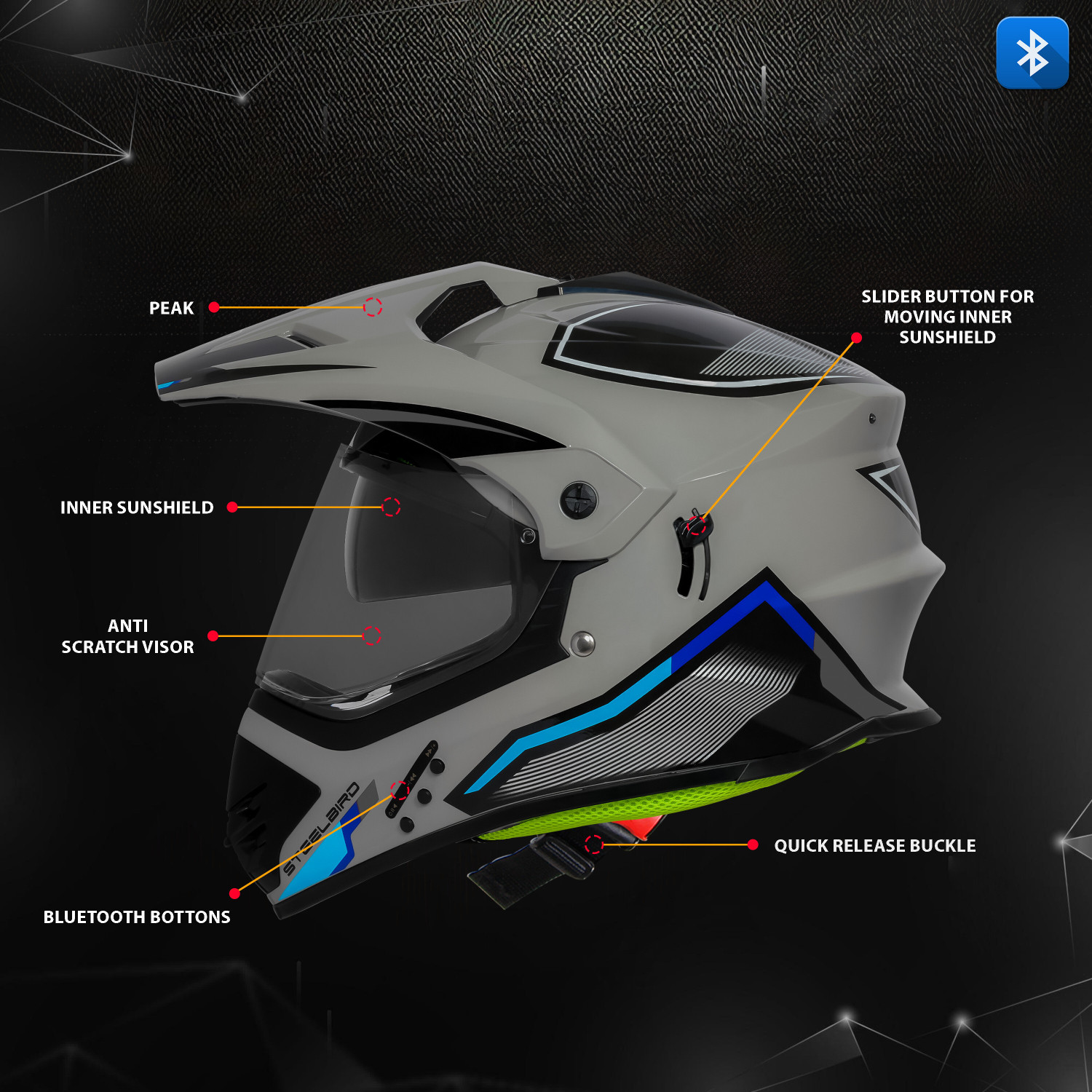 Image of Steelbird Racer Bluetooth Off Road ISI Certified Motocross Double Visor Full Face Graphic Motorbike Helmet (Glossy Titanium Grey Grey)