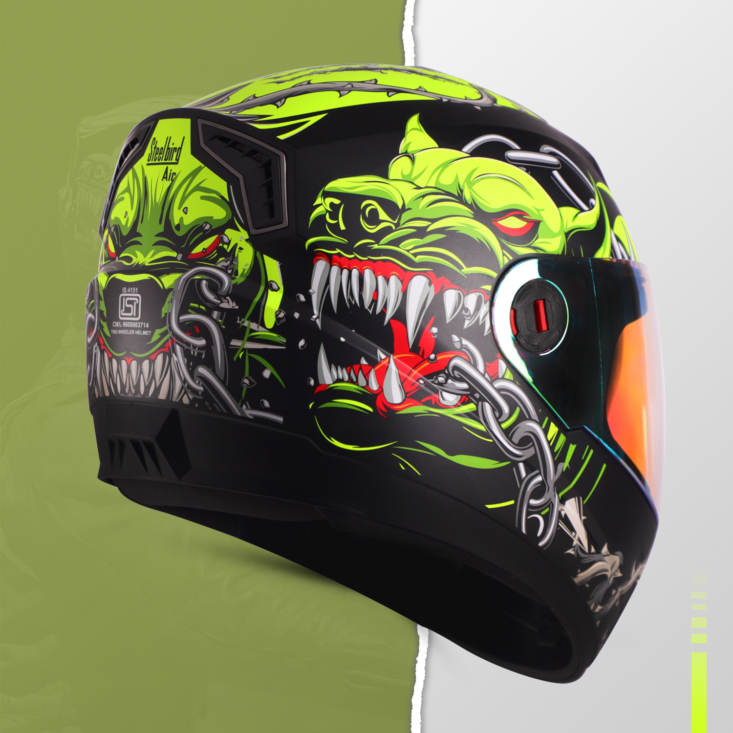 Image of Steelbird SBA-1 Angry Dog ISI Certified Full Face Graphic Helmet with Inner Sun Shield Motorbike Helmet