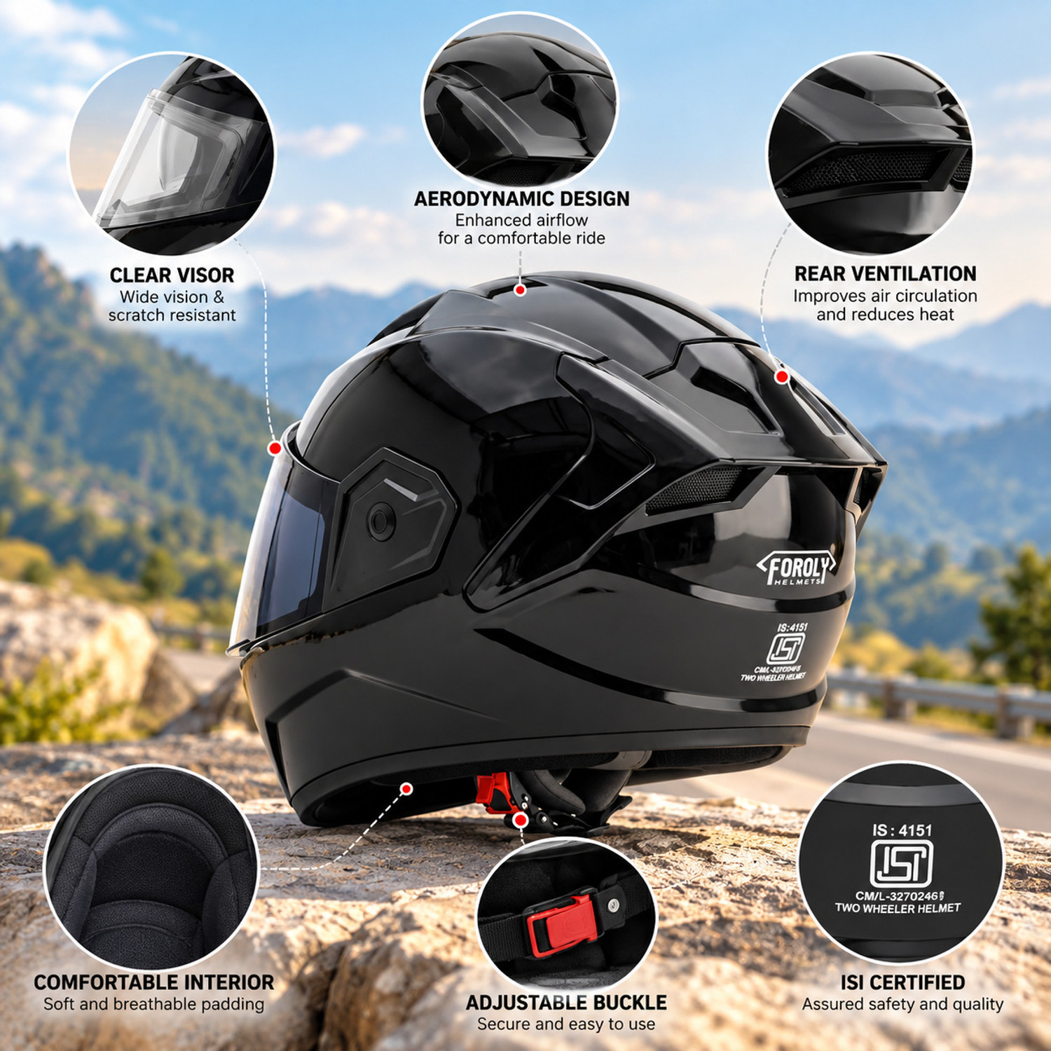 Image of FOROLY Raven ABS Spoiler with Black Visor in Durable Material Motorbike Helmet (Black)
