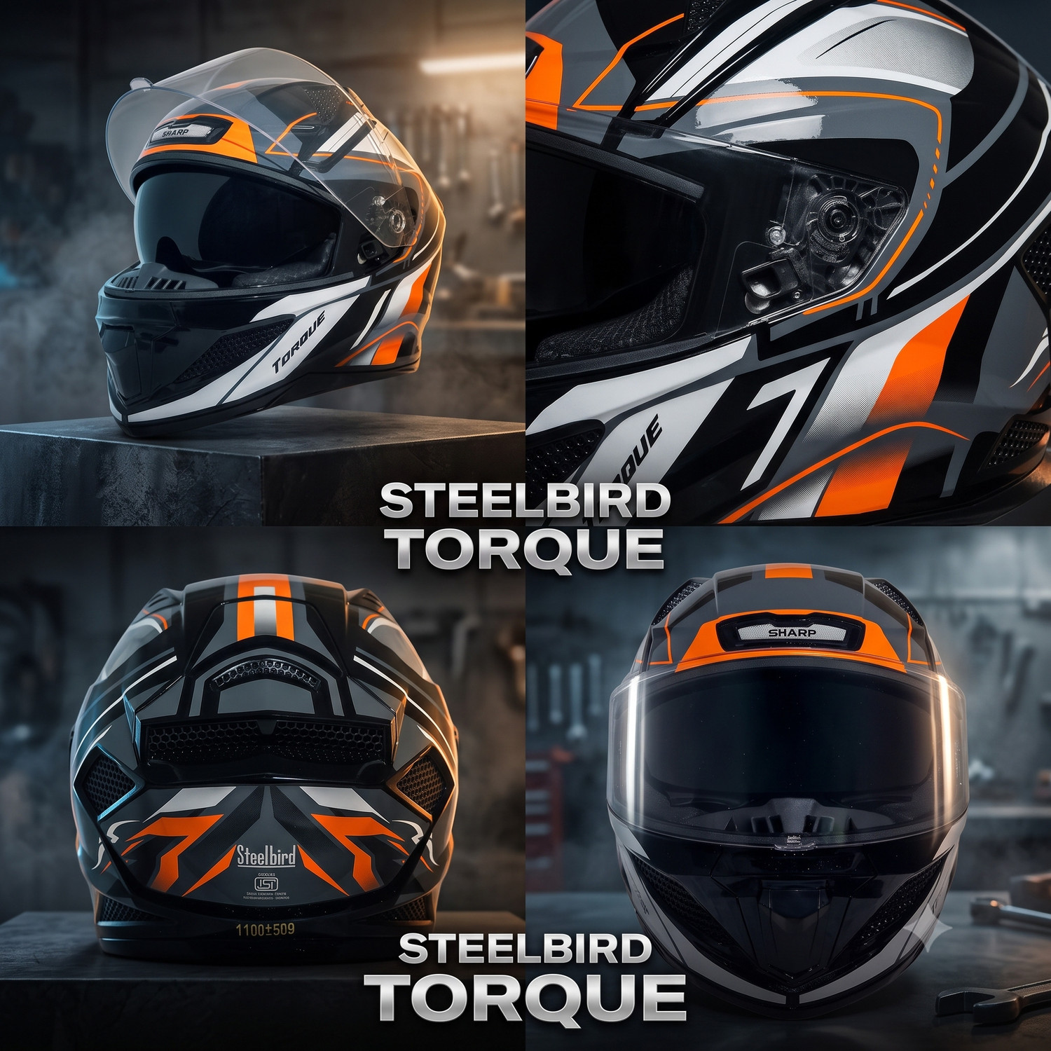 Image of Steelbird Air SBH-25 ISS Sharp Torque Glossy Black Orange Full Face ISI Certified Motorsports Helmet