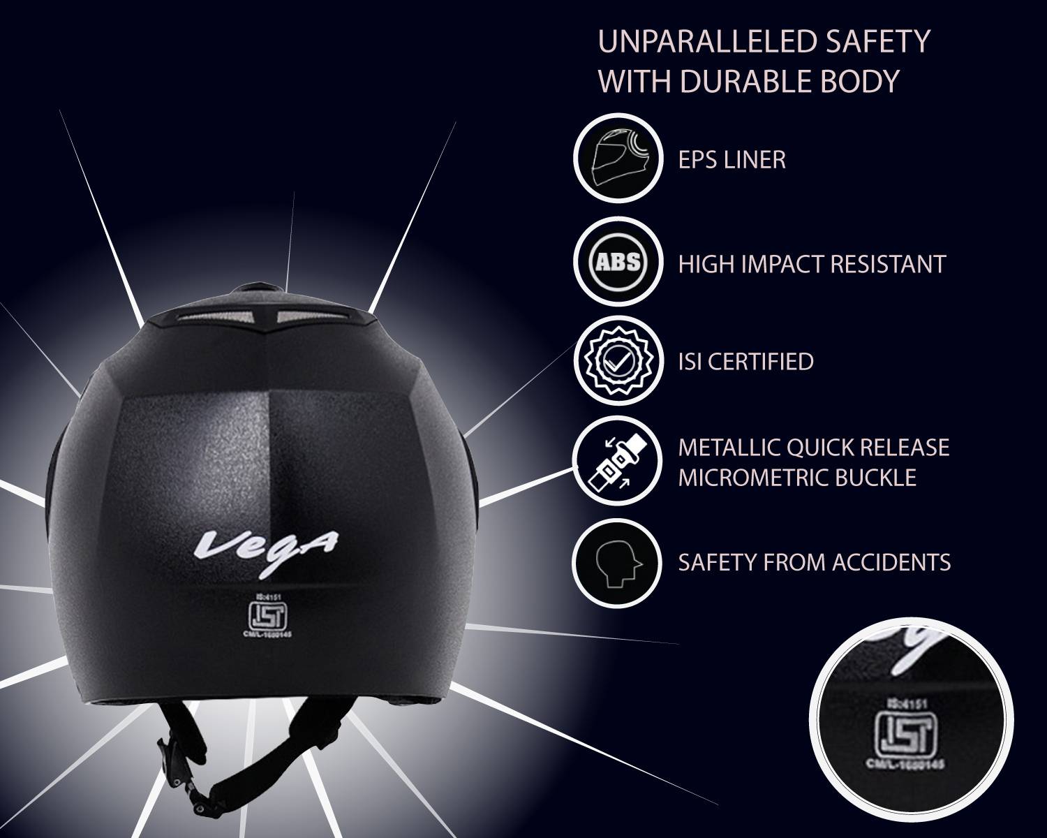 VEGA Crux Open Face Motorbike Helmet Black - Image 3