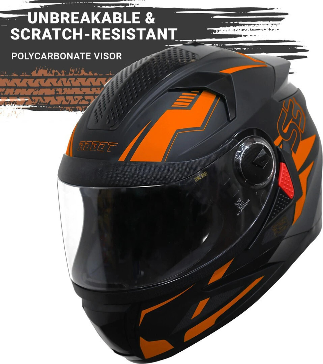 Image of Steelbird SBH-17 Terminator Full Face Graphic Helmet in Glossy Black Fluo Dark Orange Motorbike Helmet