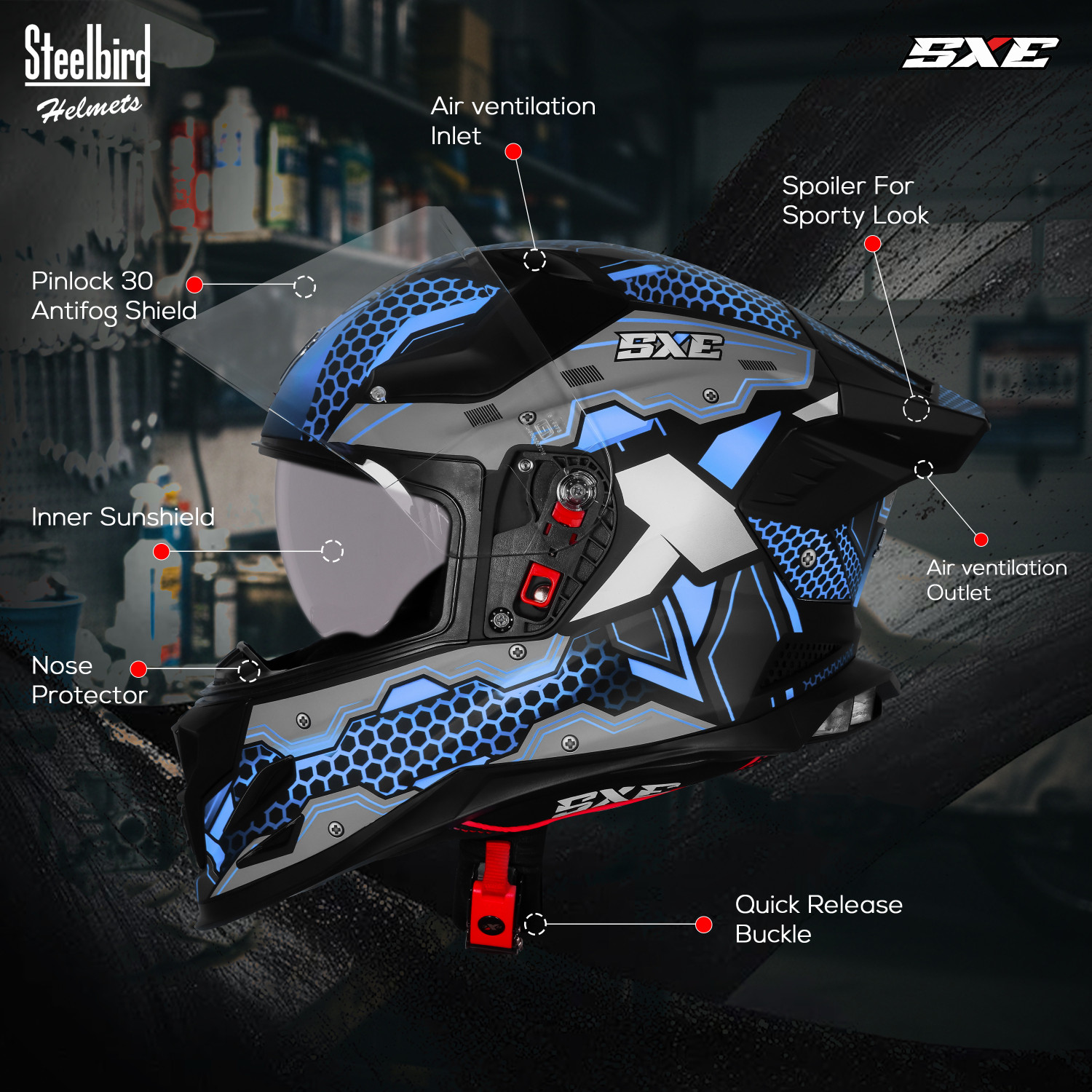 Image of Steelbird SBH 61 SXE X3 ISI and Dot Certified Full Face Graphic Motorbike Helmet