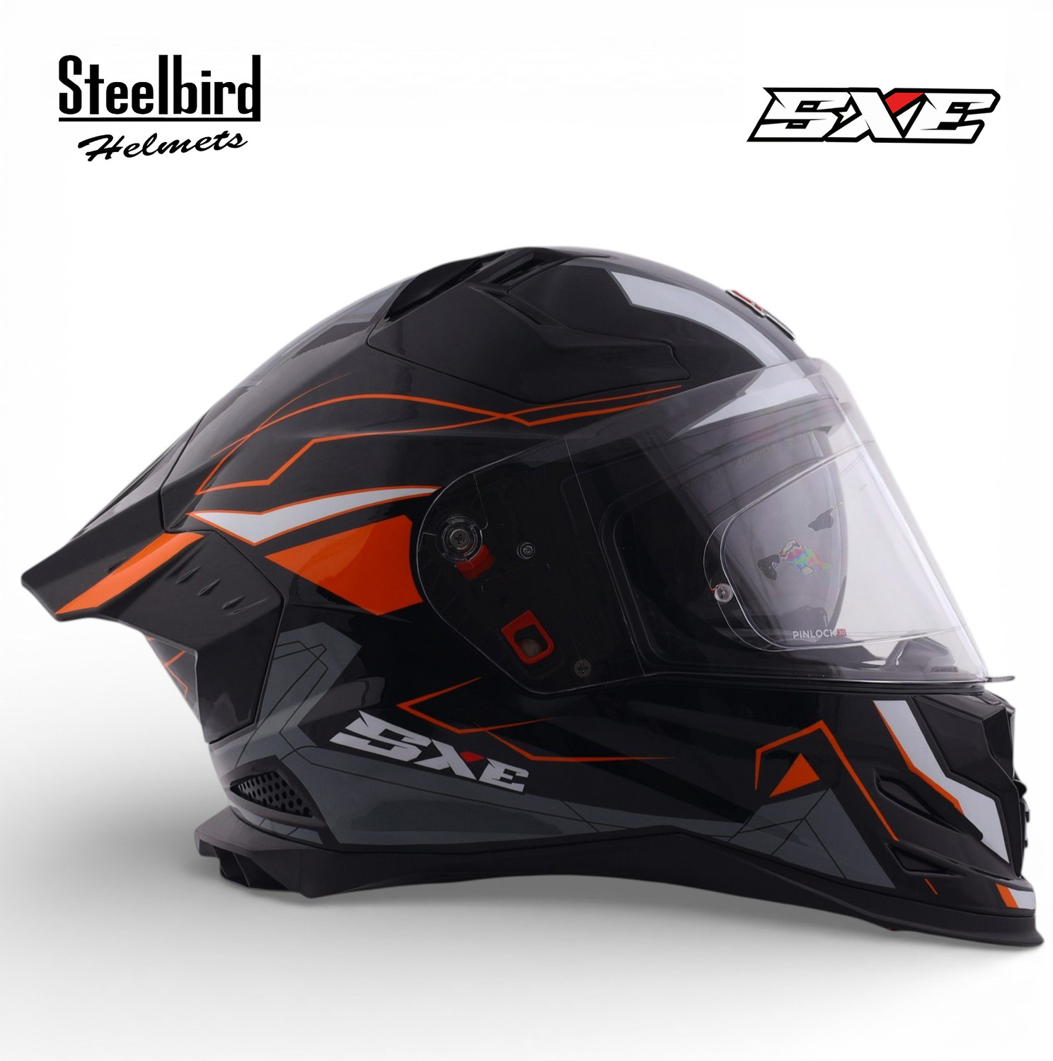Image of Steelbird Air SBH-61 ISS SXE RACE-X Glossy Black Orange Full Face AFS EDITION With ANTIFOG Motorsports Helmet