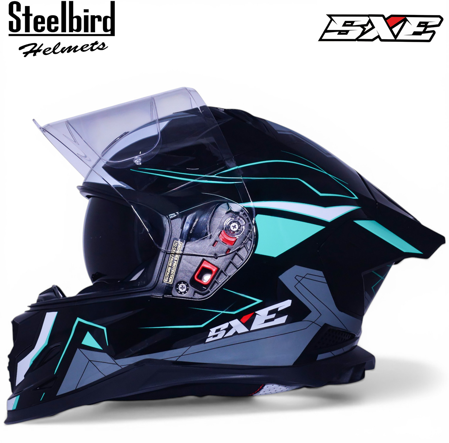 Image of Steelbird Air SBH-61 ISS SXE RACE-X Glossy Black Cyan Green Full Face AFS EDITION With ANTIFOG Motorsports Helmet