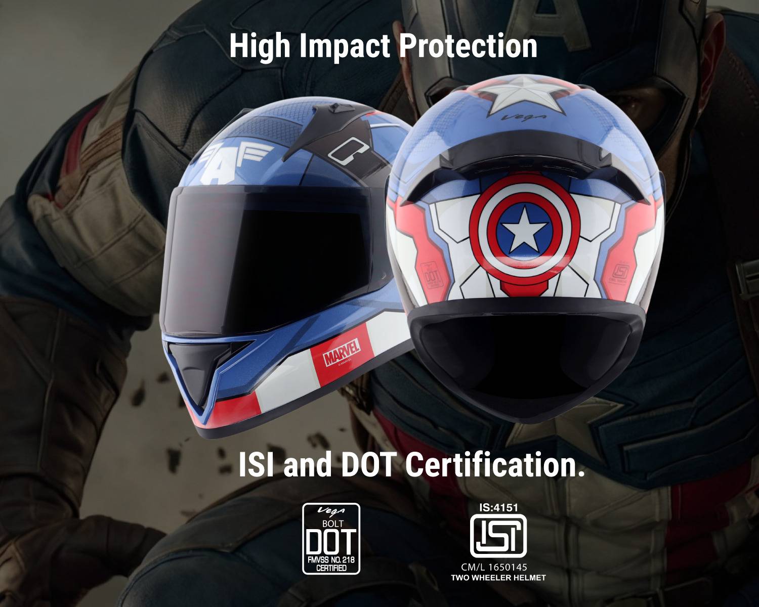 VEGA Bolt Marvel Captain America Motorbike Helmet Blue - Image 5