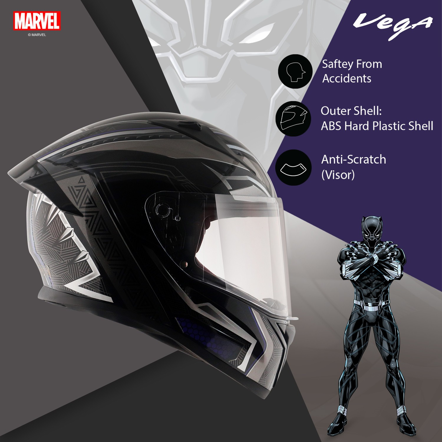 Image of VEGA Bolt Marvel Black Panther Edition Motorbike Helmet