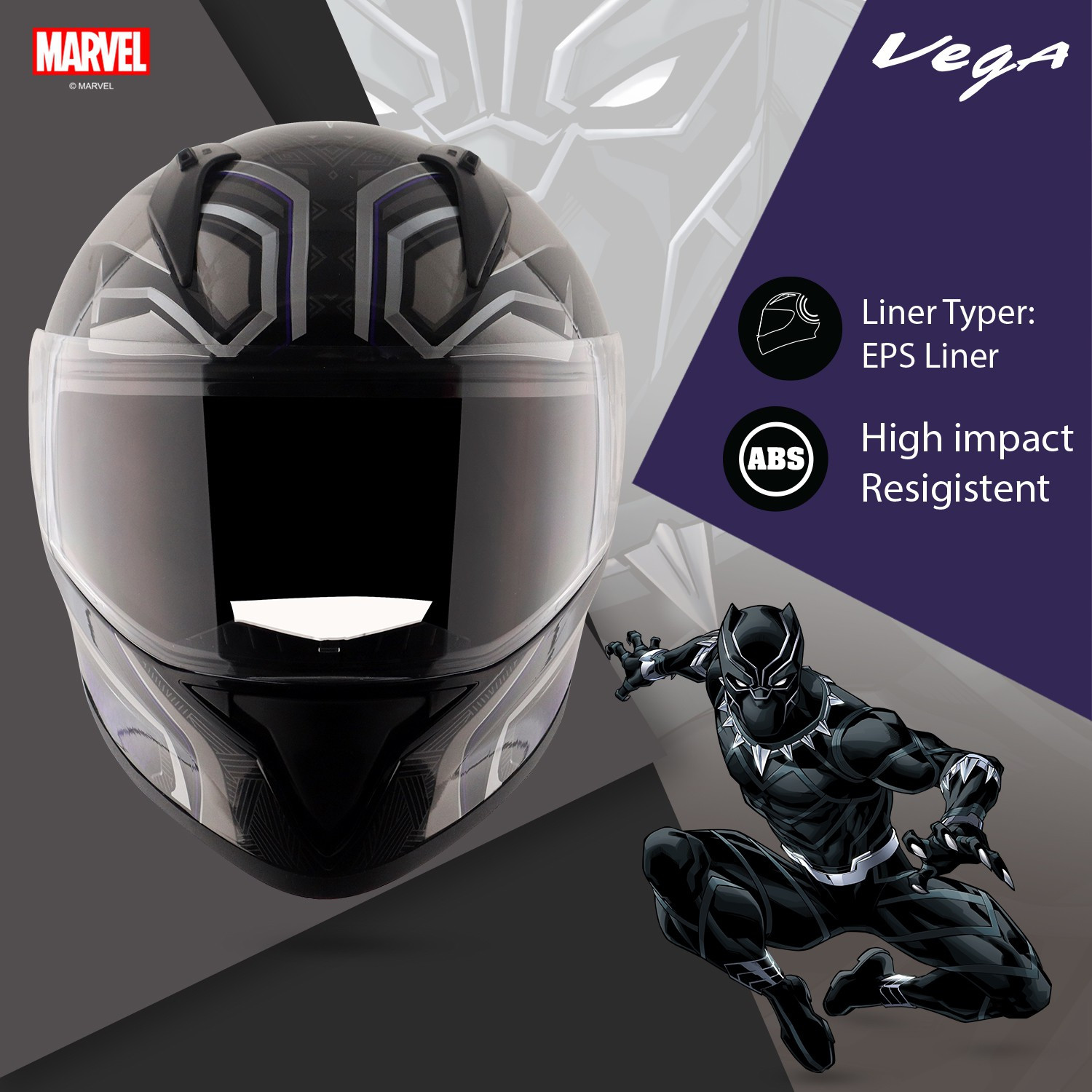 Image of VEGA Bolt Marvel Black Panther Edition Motorbike Helmet
