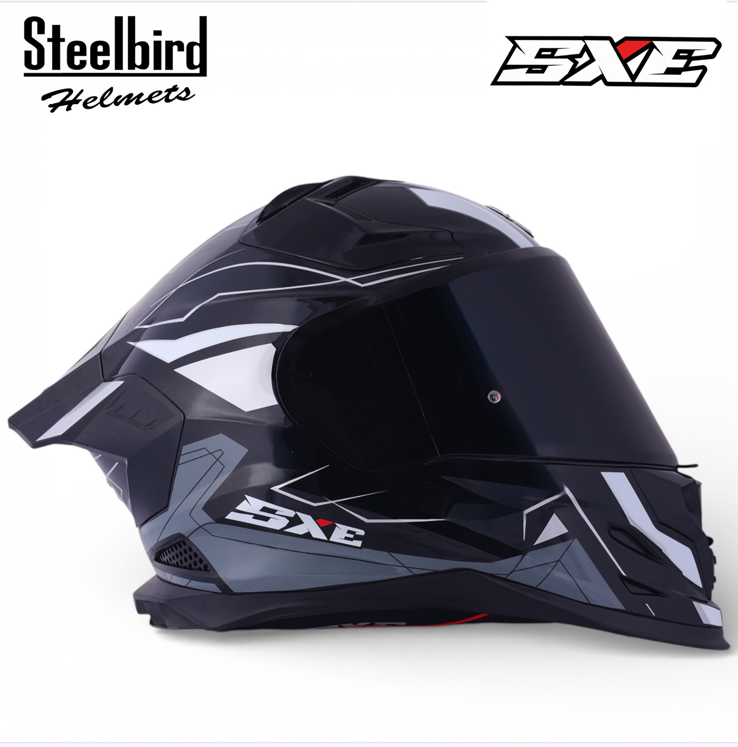Image of Steelbird Air SBH-61 ISS SXE RACE-X TPE EDITION Glossy Black Silver Full Face Motorsports Helmet