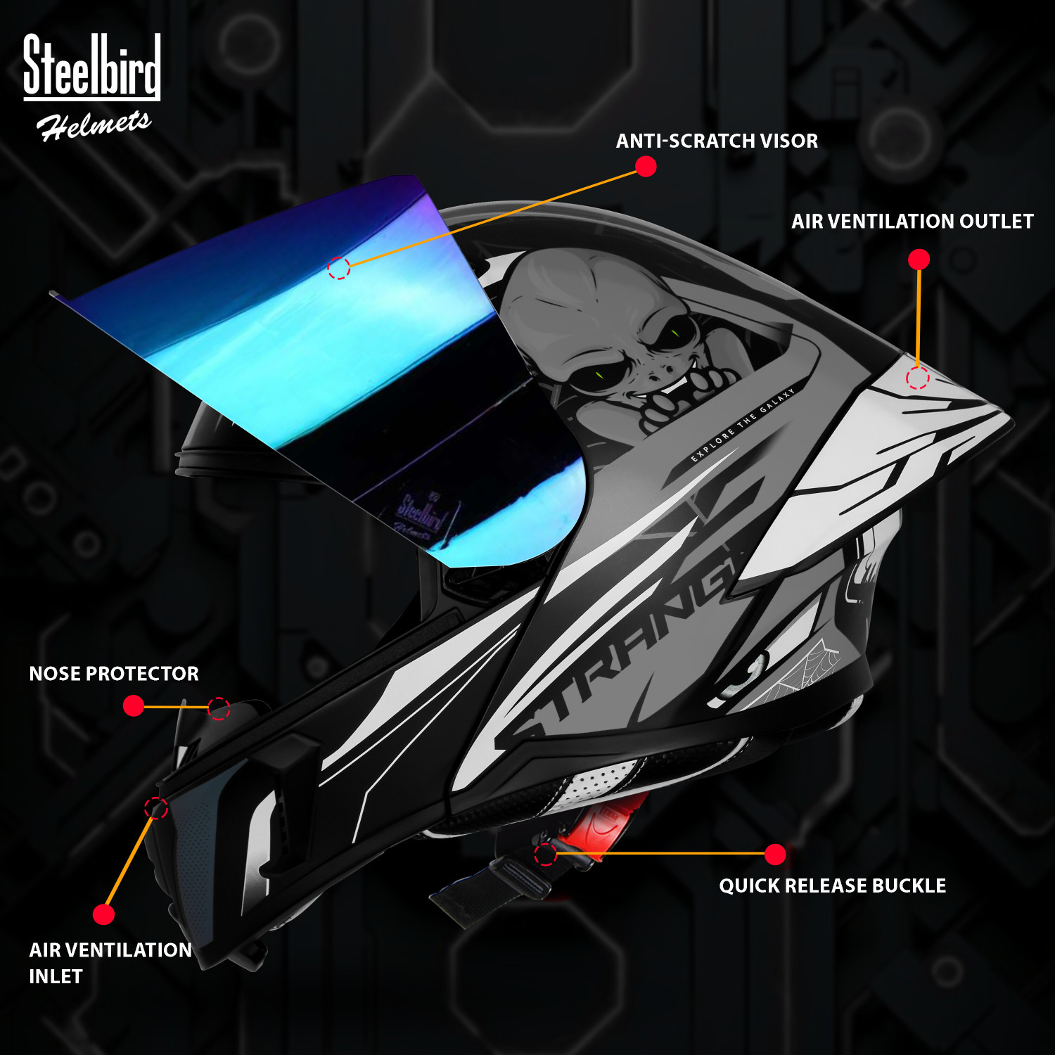 Image of Steelbird SBA-20 Strange ISI Certified Flip-Up Graphic Helmet for Men and Women Motorbike Helmet
