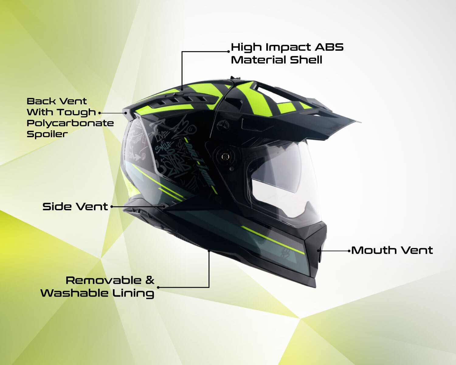 Image of VEGA VF-11 Dirt-X Trial Helmet-Black Neon Yellow-M Motorbike Helmet