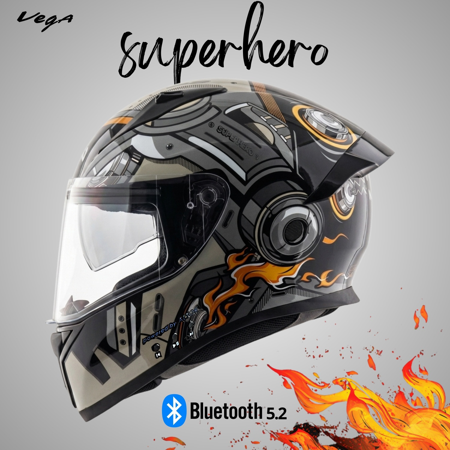 Image of VEGA Bolt Bluetooth Motorbike Helmet (Black Grey)