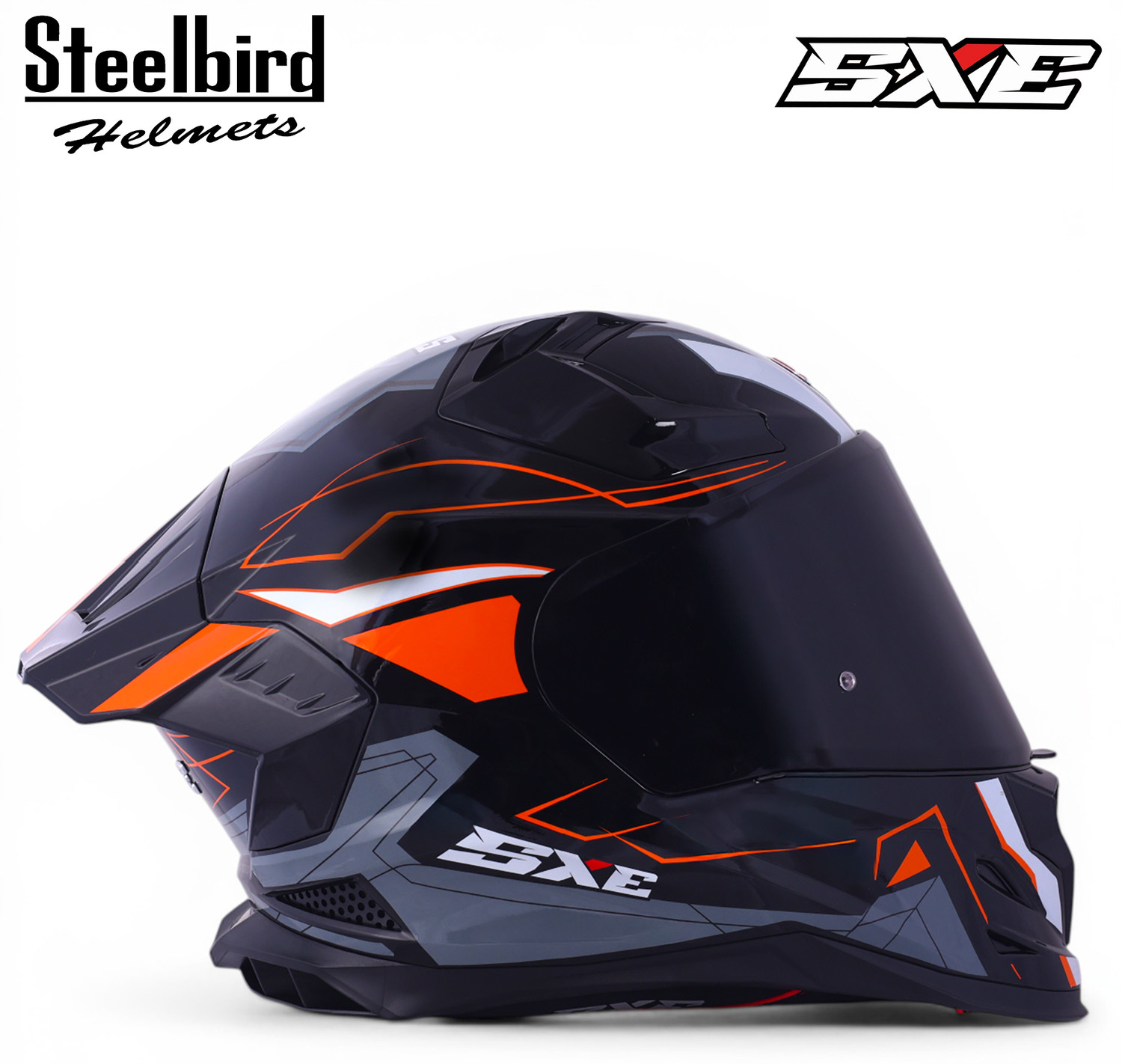 Image of Steelbird Air SBH-61 ISS SXE RACE-X TPE EDITION Glossy Black Orange Full Face Motorsports Helmet