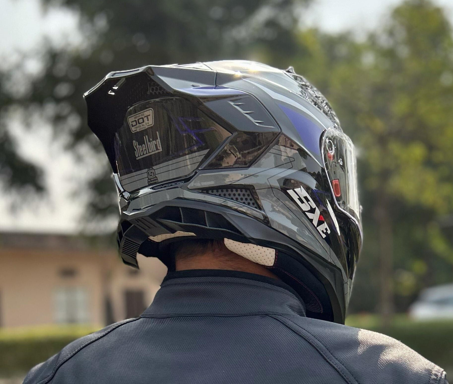 Image of Steelbird Air SBH-61 ISS SXE RACE-X Glossy Black Blue Full Face AFS EDITION With ANTIFOG 580MM Motorsports Helmet