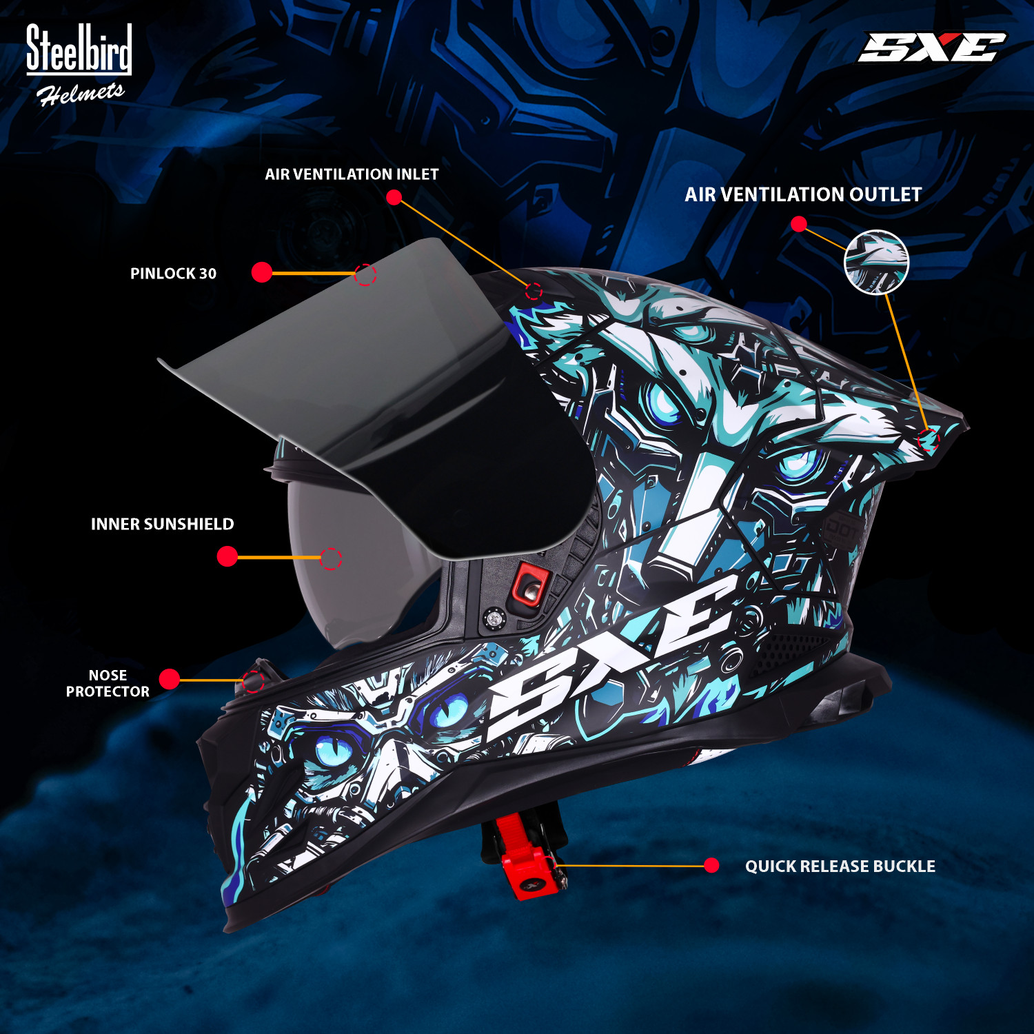 Image of Steelbird SBH 61 SXE X1 ISI and Dot Certified Full Face Graphic Motorbike Helmet