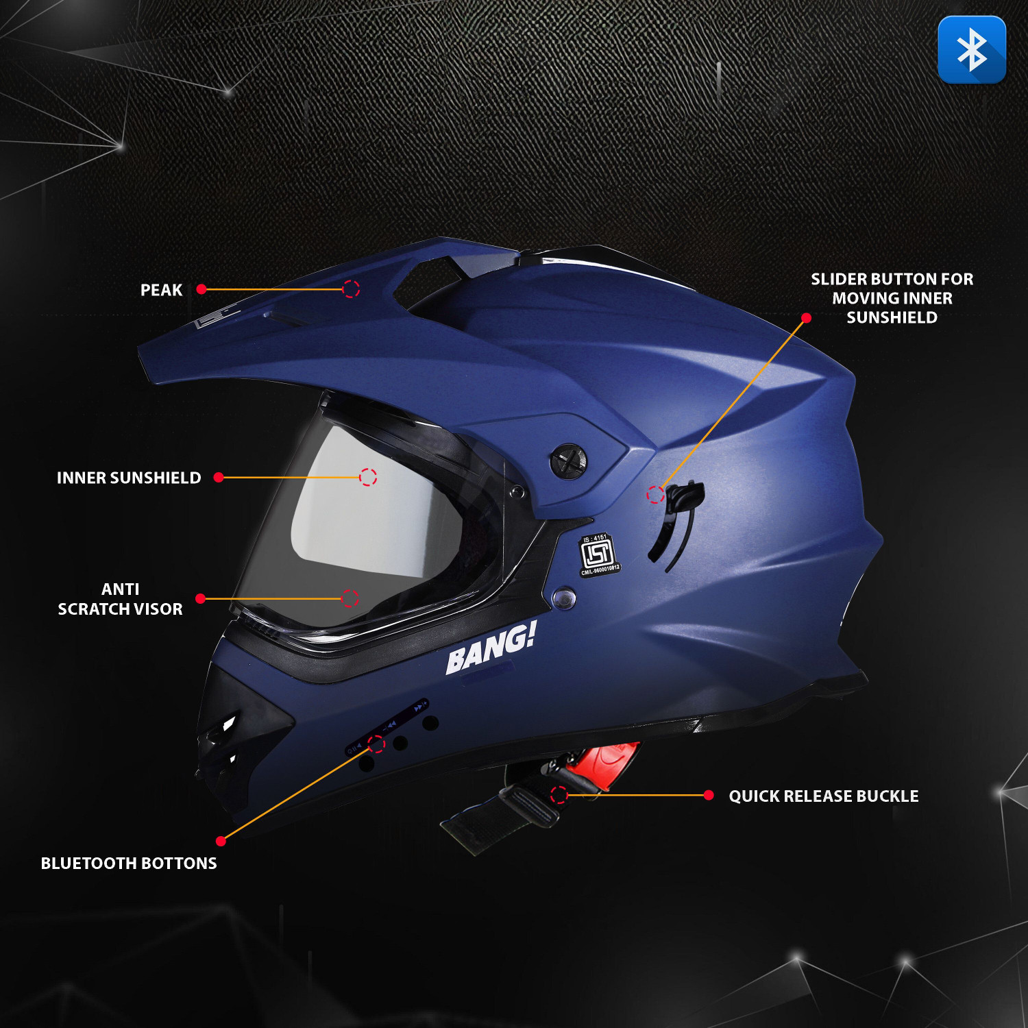 Image of Steelbird SBH-13 Bang Bluetooth Off Road ISI Certified Motocross Double Visor Full Face Motorbike Helmet