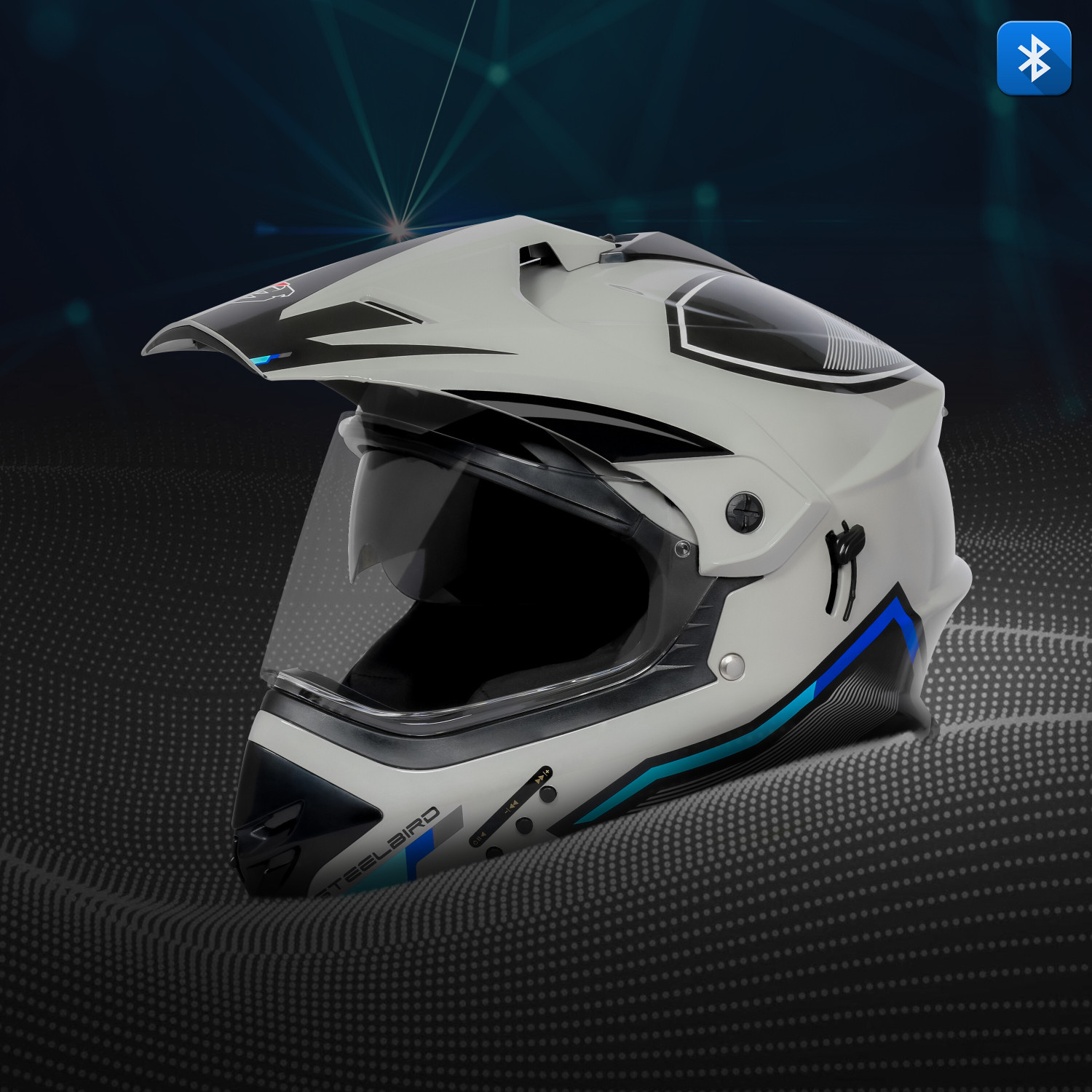 Image of Steelbird Racer Bluetooth Off Road ISI Certified Motocross Double Visor Full Face Graphic Motorbike Helmet (Glossy Titanium Grey Grey)