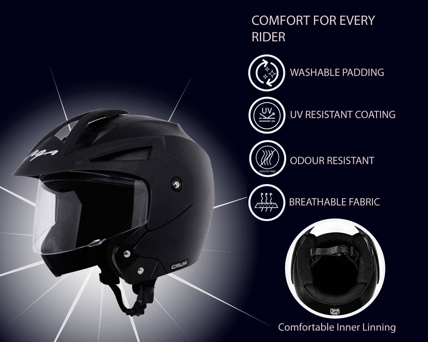 VEGA Crux Open Face Motorbike Helmet Black - Image 4