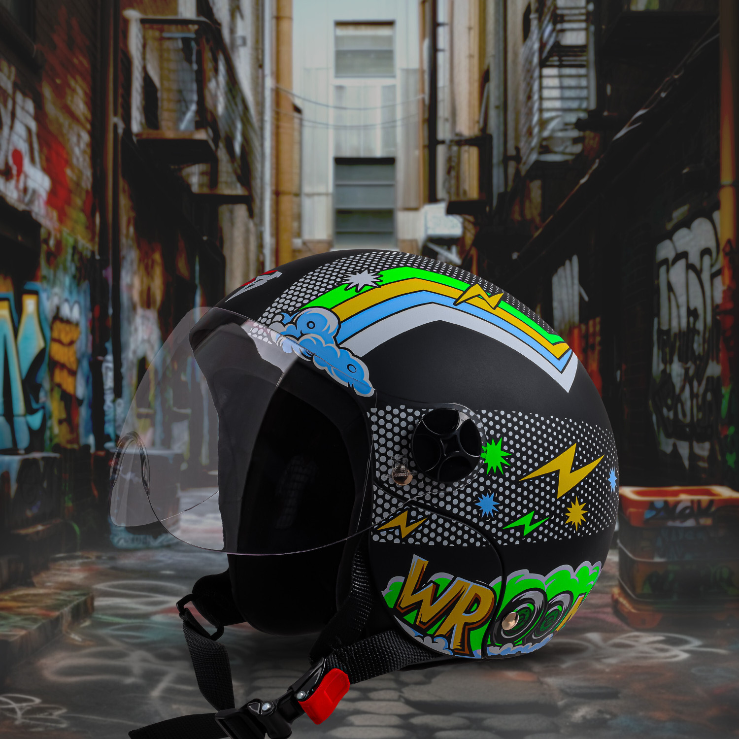 Image of Steelbird SBH-16 Wroom ISI Certified Open Face Graphic Helmet for Women and Kids Motorbike Helmet
