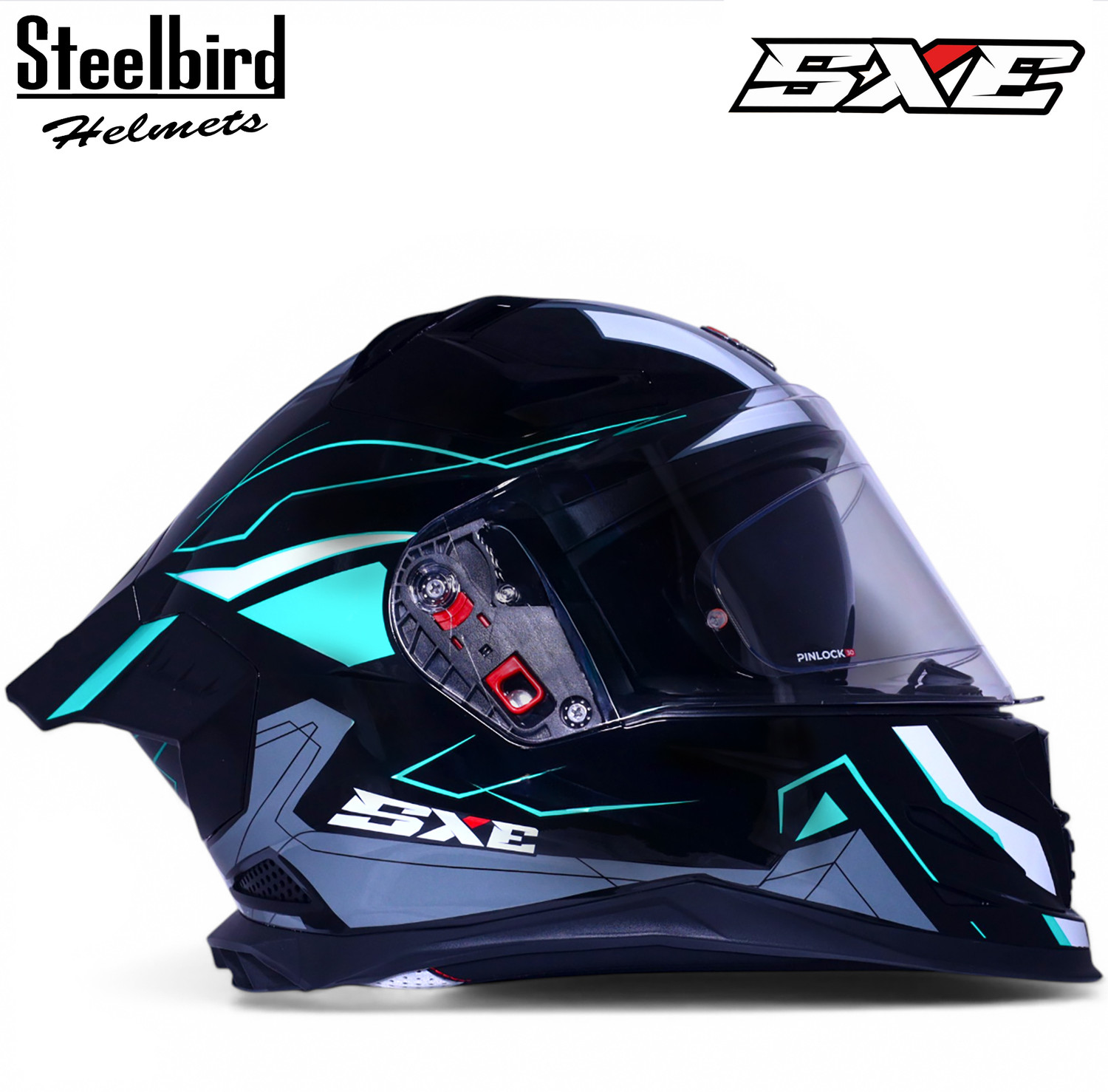 Image of Steelbird Air SBH-61 ISS SXE RACE-X Glossy Black Cyan Green Full Face AFS EDITION With ANTIFOG Motorsports Helmet