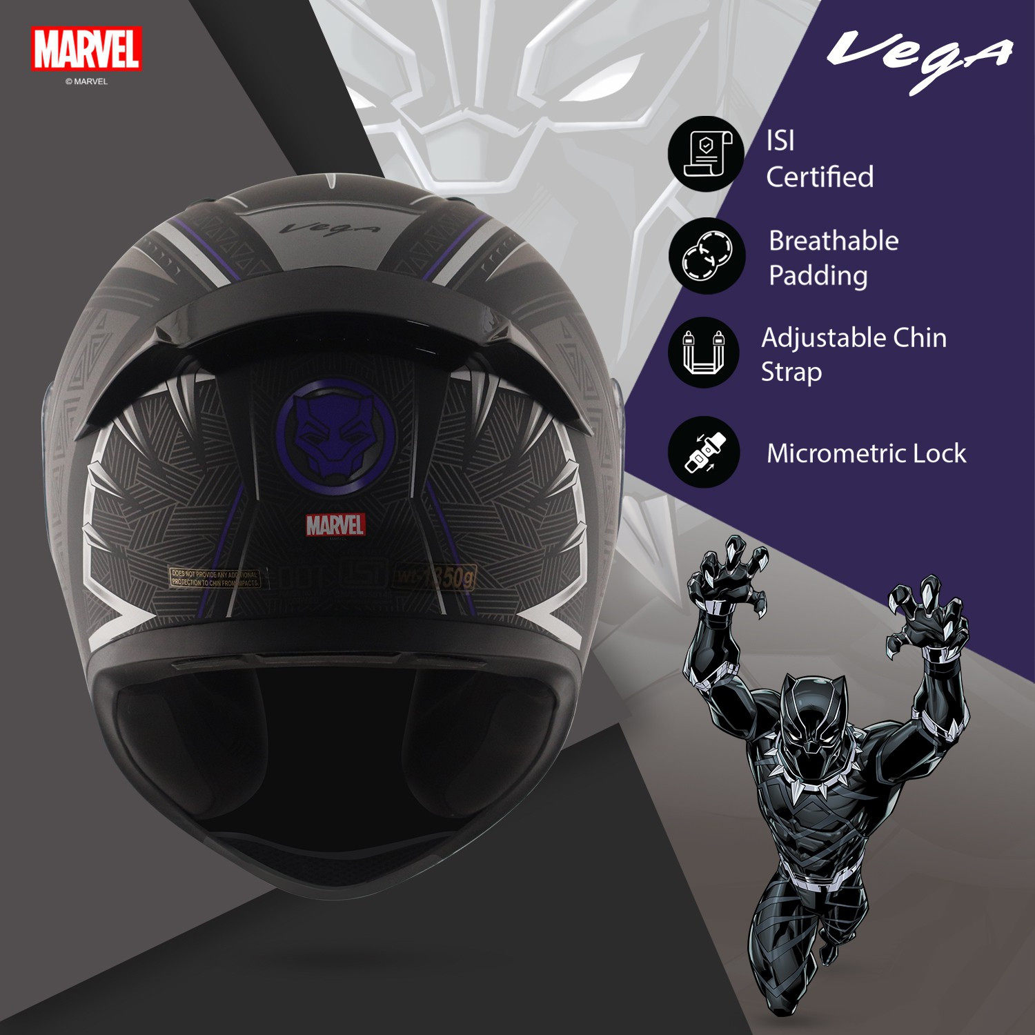 Image of VEGA Bolt Marvel Black Panther Edition Motorbike Helmet