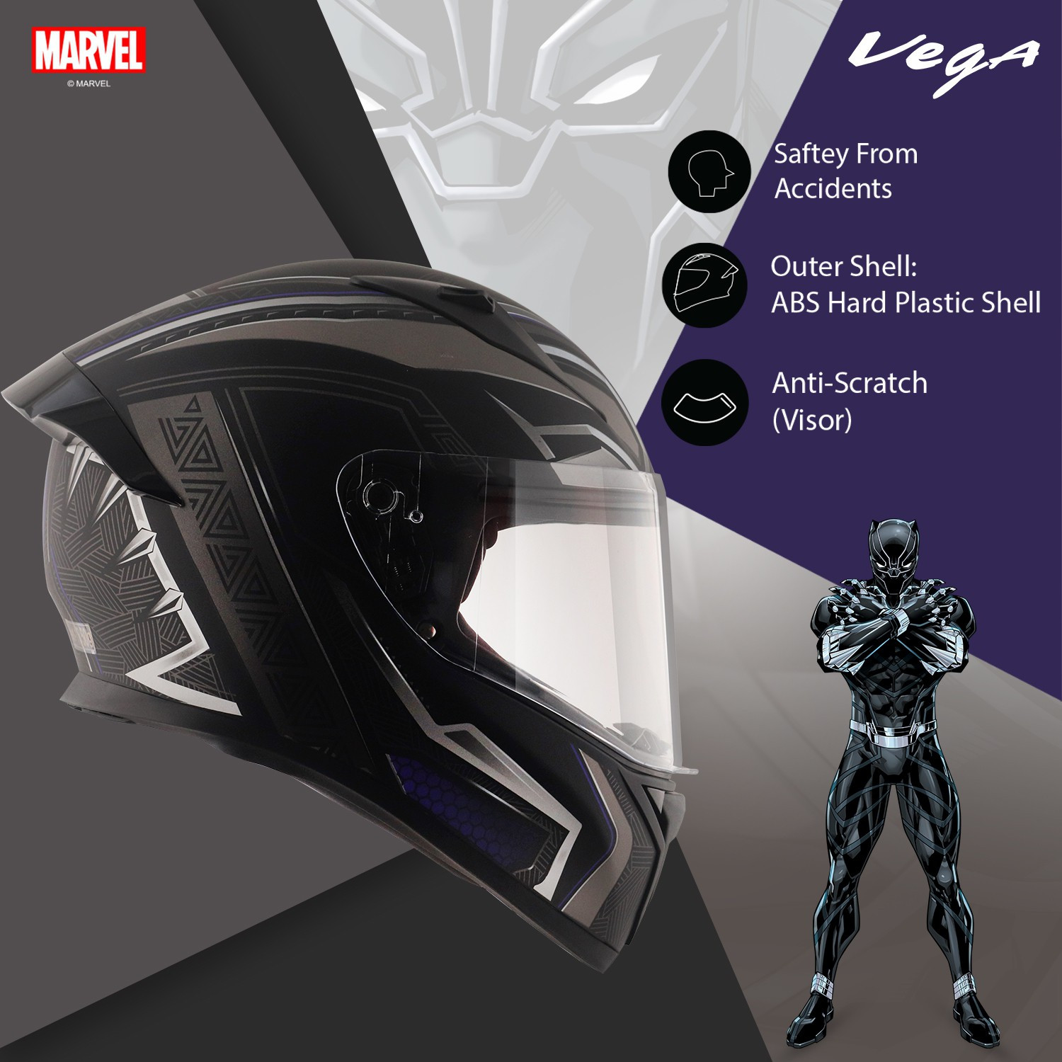 Image of VEGA Bolt Marvel Black Panther Edition Motorbike Helmet