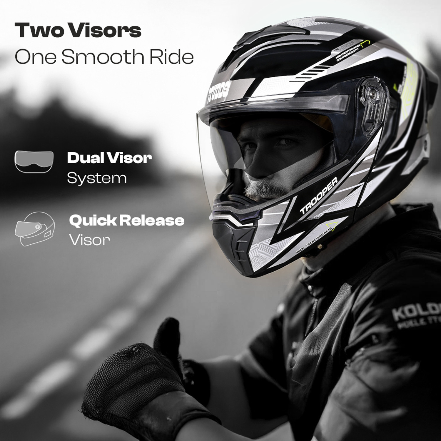 Image of STUDDS Trooper D4 Race ISI and DOT Certified Flip-Up Helmet with Spoiler Motorbike Helmet