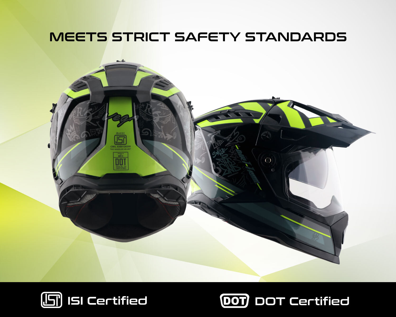 Image of VEGA VF-11 Dirt-X Trial Helmet-Black Neon Yellow-M Motorbike Helmet