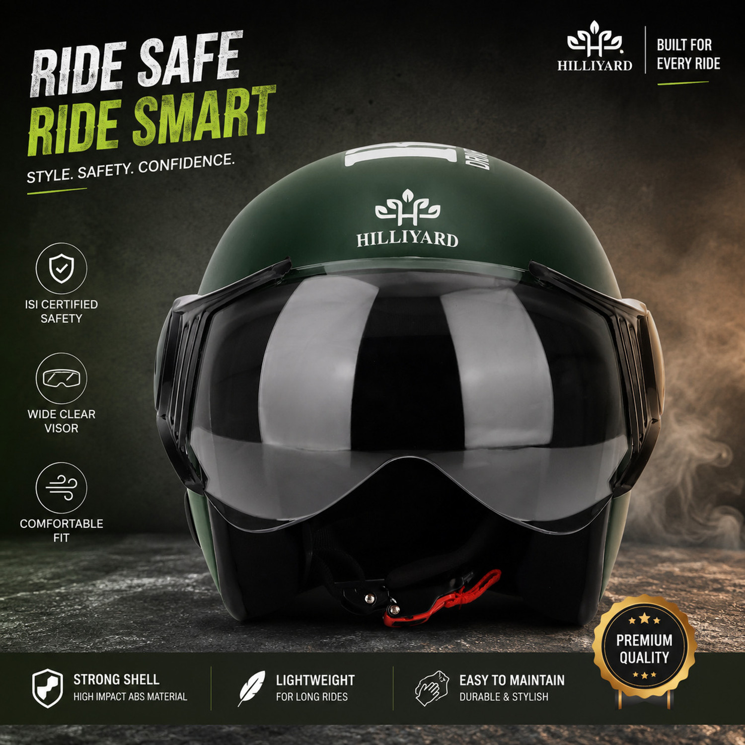 Image of HILLIYARD Matte Finish Open Face Helmet | ISI Certified | Unisex Bike Helmet Motorsports Helmet (Army)