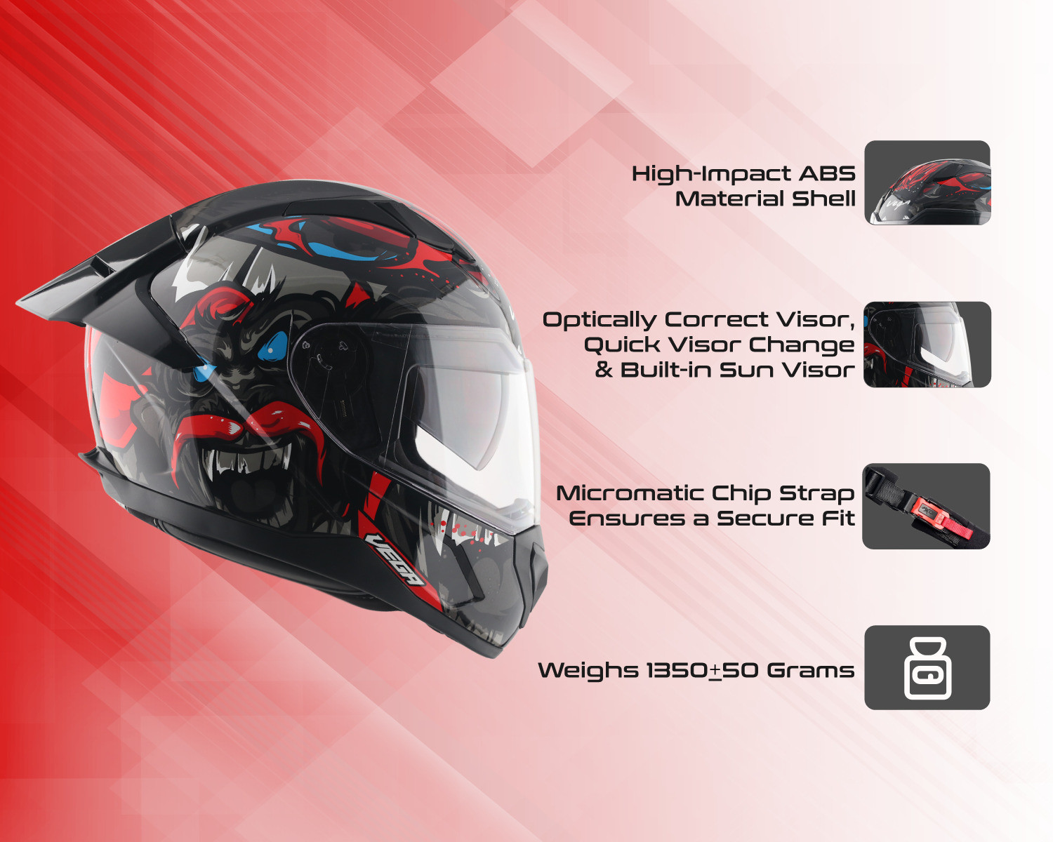 Image of VEGA Rapid Mandy Monkey DV with Spoiler and Extra Smoke Visor Motorbike Helmet