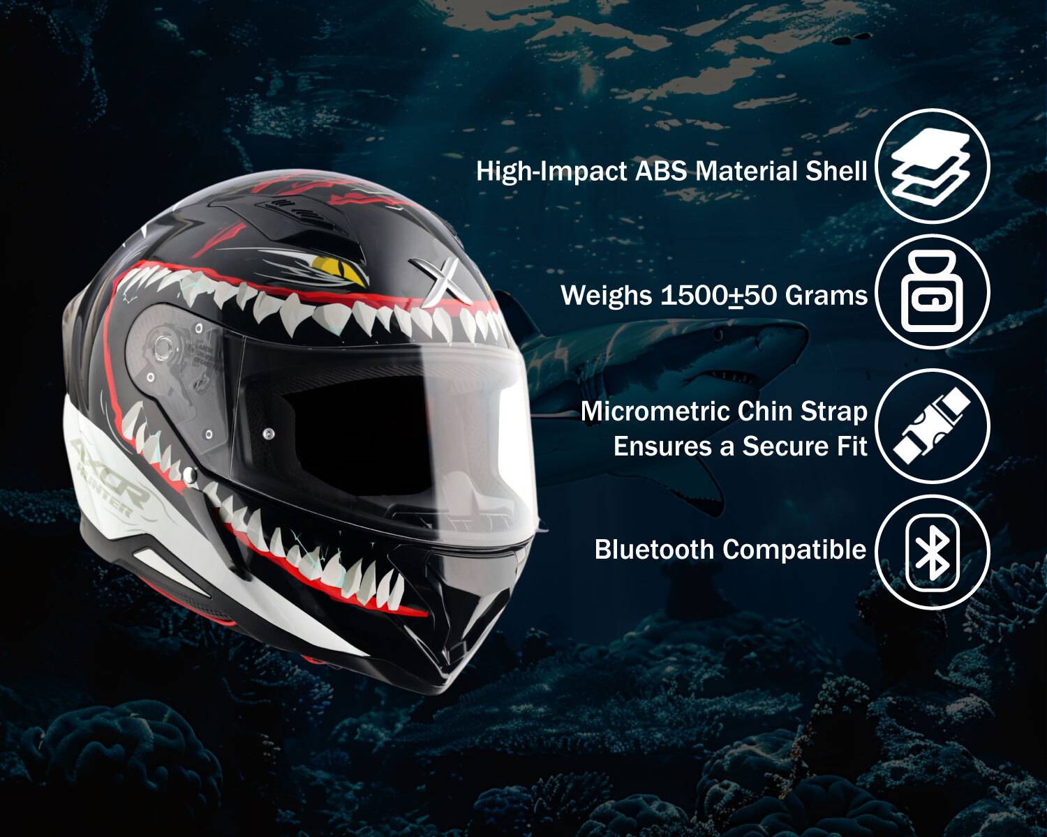 Axor Hunter Shark Motorbike Helmet Black - Image 4