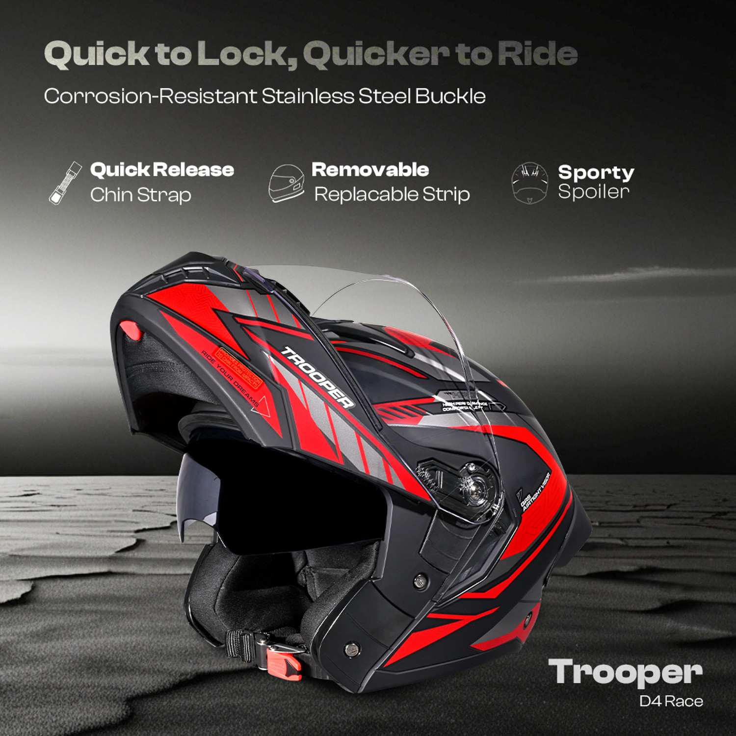 Image of STUDDS Trooper D4 Race ISI and DOT Certified Flip-Up Helmet with Spoiler Motorbike Helmet